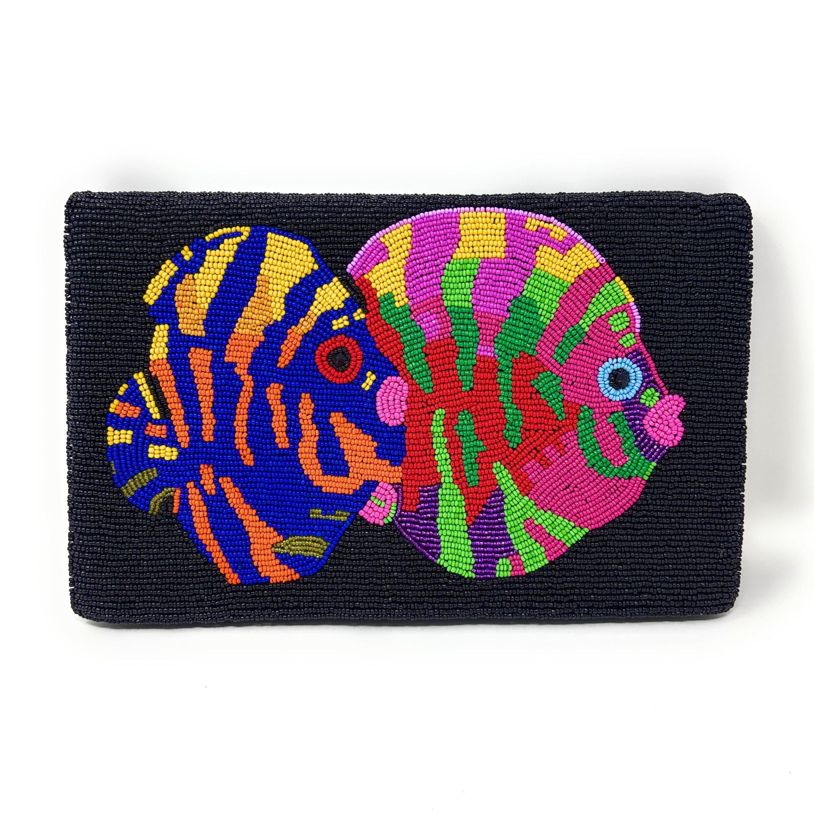 Tropical Fish Beaded Clutch Purse, Black Multicolor Crossbody Bag, Beaded Clutch Purse, Unique Beaded Bag Resort Accessories Beaded Handbag