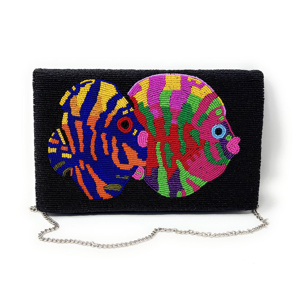 Tropical Fish Beaded Clutch Purse, Black Multicolor Crossbody Bag, Beaded Clutch Purse, Unique Beaded Bag Resort Accessories Beaded Handbag