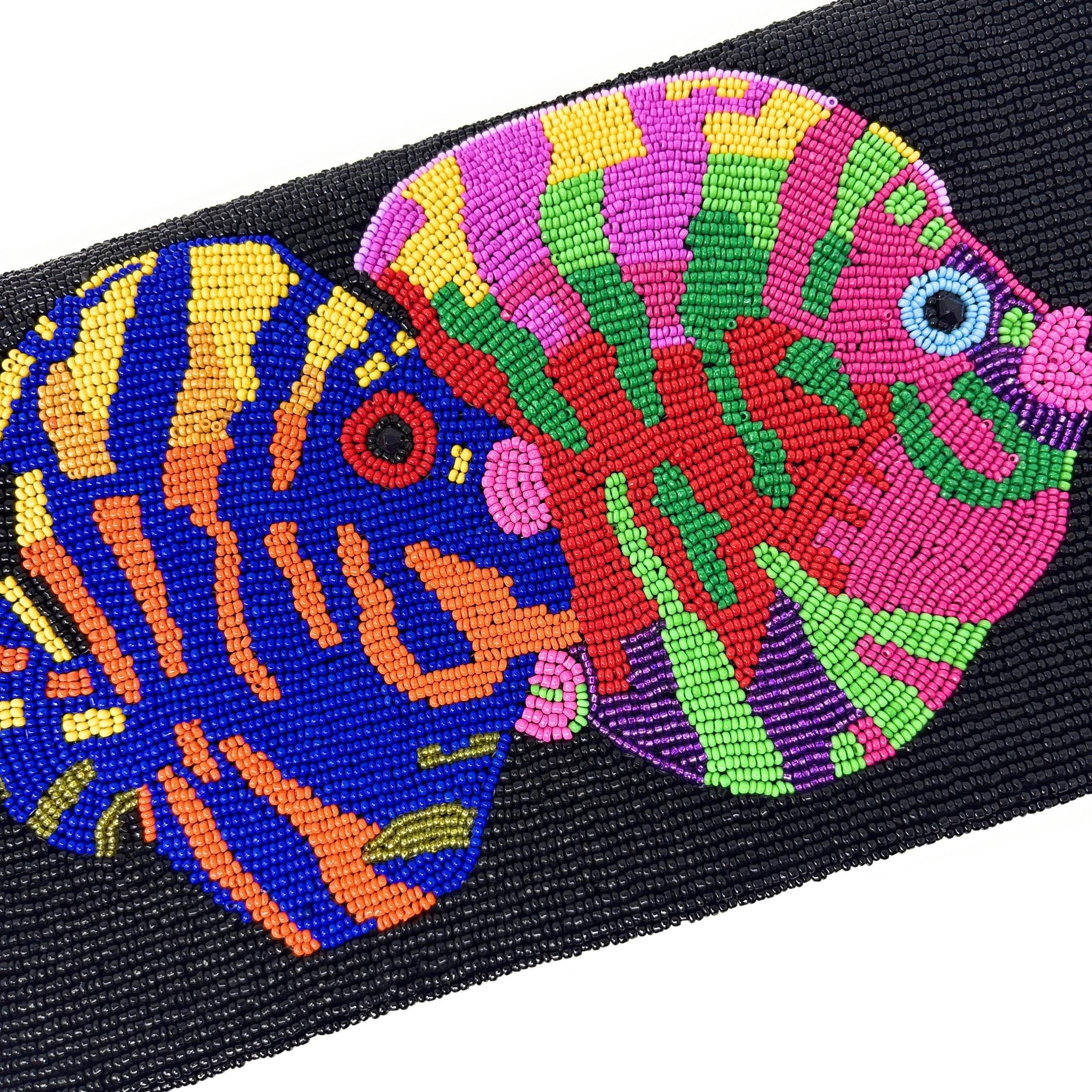 Tropical Fish Beaded Clutch Purse, Black Multicolor Crossbody Bag, Beaded Clutch Purse, Unique Beaded Bag Resort Accessories Beaded Handbag