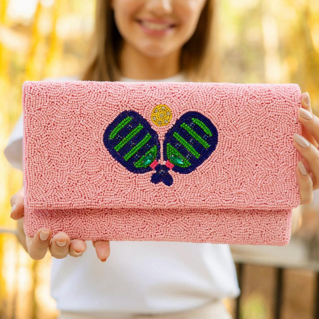 Pickleball Beaded Clutch Purse, Pink Clutch Bag Beaded Clutch Purse Game Day Pickleball Purse, Custom Gifts Pickle-ball Crossbody Purse