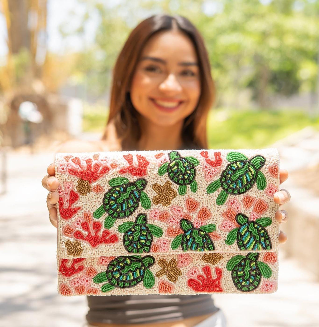 Sea Turtle Beaded Clutch Purse, Stylish Ocean-Inspired Purse Handmade Beaded Clutch, Unique Design Party Clutch Purse, Birthday Gift for Her