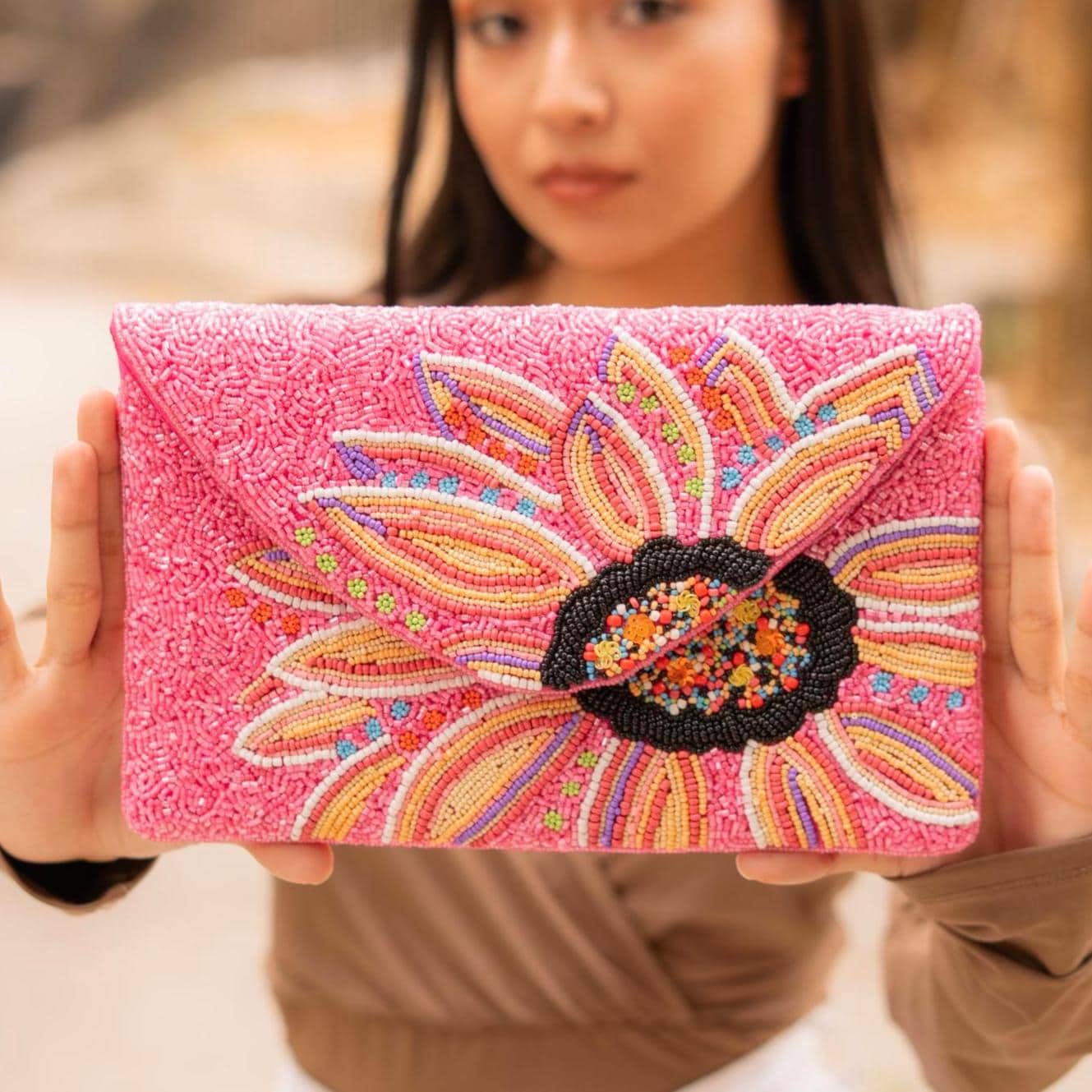 Hand Beaded Pink Fuchsia Clutch Purse, Floral Clutch Bag, Beaded Clutch Purse, Resort Beaded Bag, Party Clutch Purse, Tropical Purse Bag