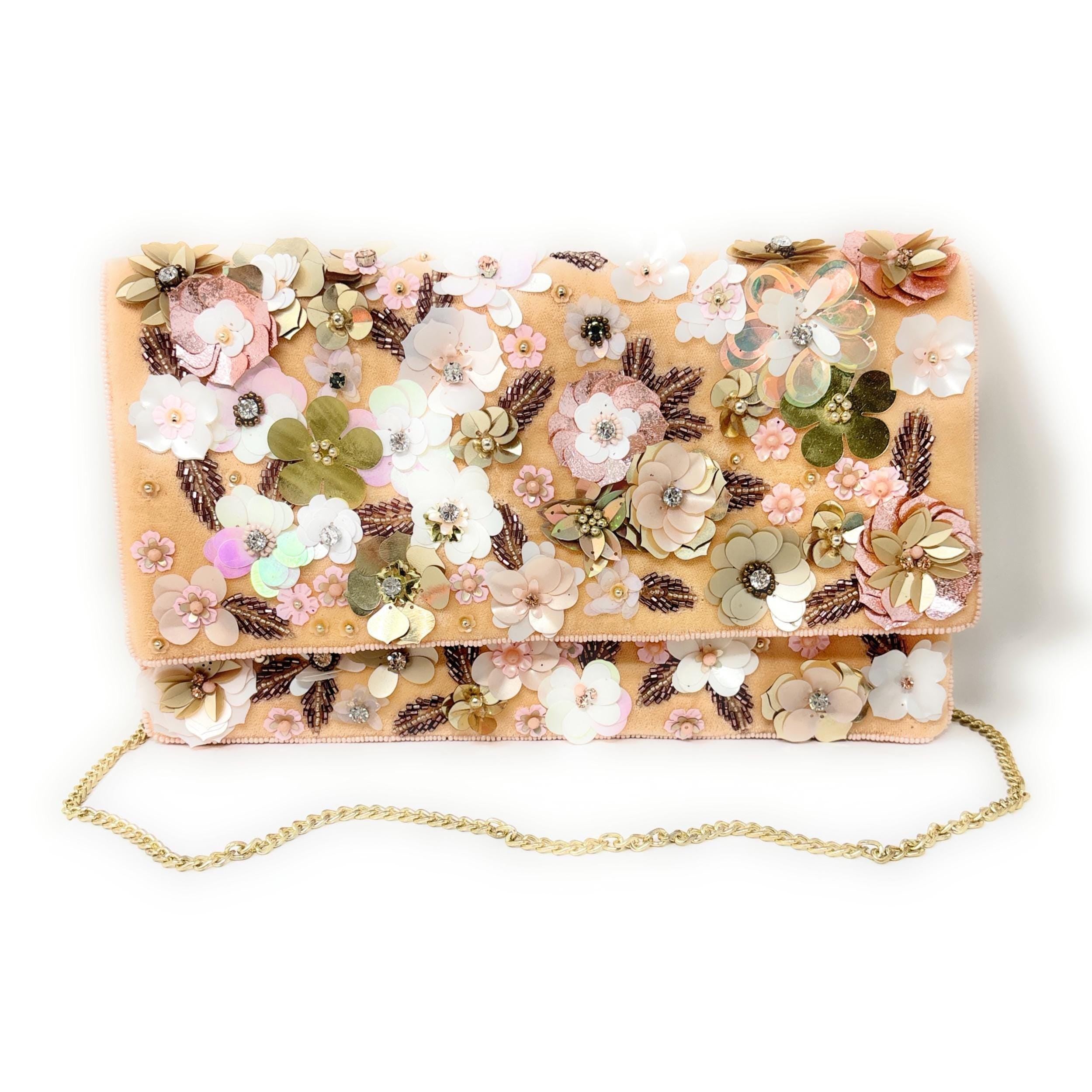 Floral Beaded Clutch, 3D Flower Evening Bag, Bridal Wedding Clutch, Blush Gold Statement Purse, Embellished Formal Bag, Gift for Her