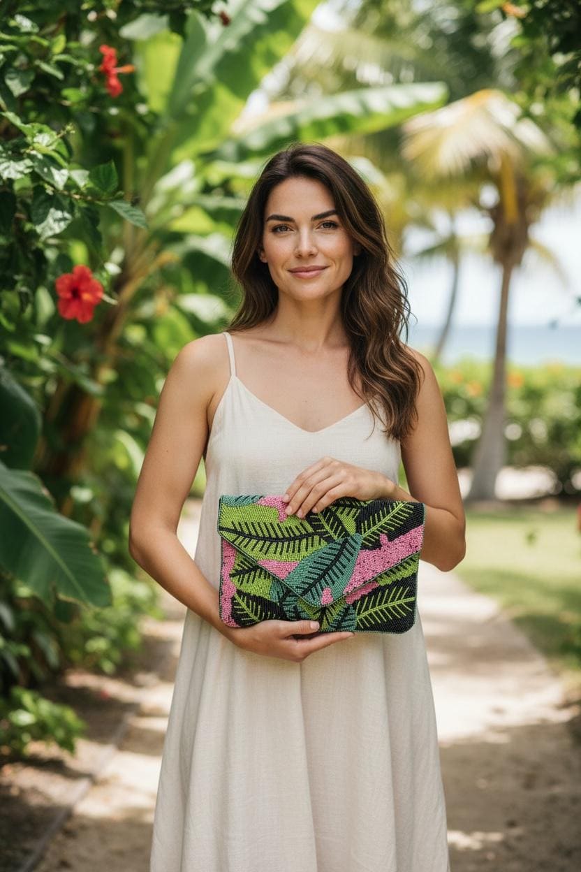Hand Beaded Clutch Purse with Beautiful Palm Leaf Motifs Birthday Gift, Summer Accessories, Tropical Clutch Handbag, Palm Leaf Crossbody Bag