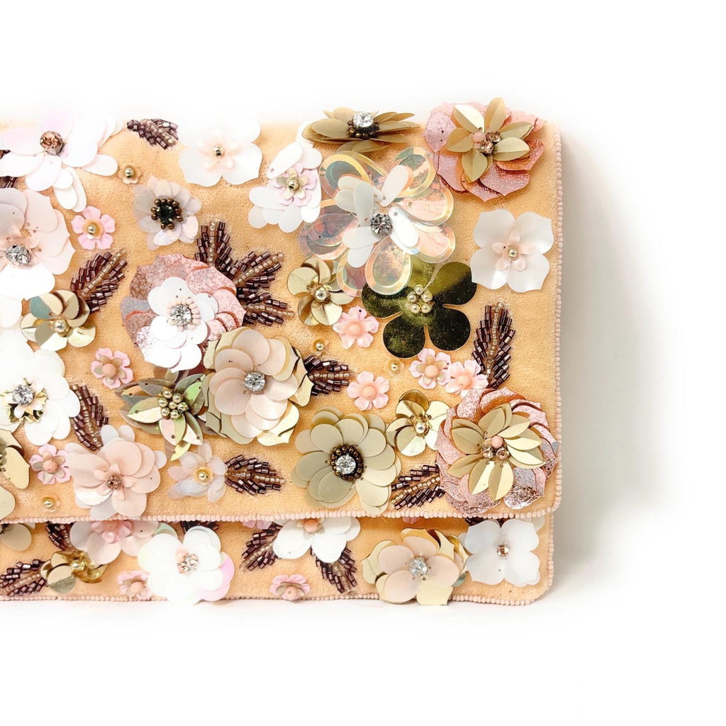 Floral Beaded Clutch, 3D Flower Evening Bag, Bridal Wedding Clutch, Blush Gold Statement Purse, Embellished Formal Bag, Gift for Her