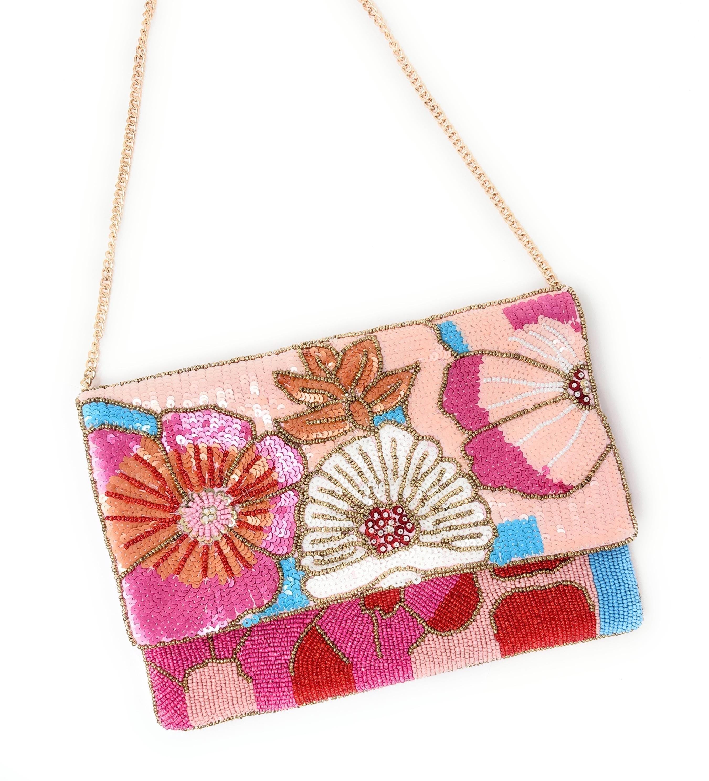 Beaded Floral Clutch Bag with Chain, Colorful Handmade Evening Purse, Statement Wedding Guest Bag, Pink Beaded Crossbody, Resort Style