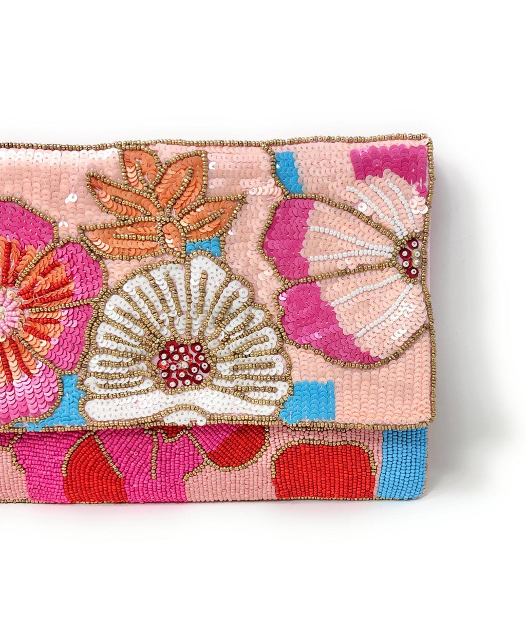 Beaded Floral Clutch Bag with Chain, Colorful Handmade Evening Purse, Statement Wedding Guest Bag, Pink Beaded Crossbody, Resort Style