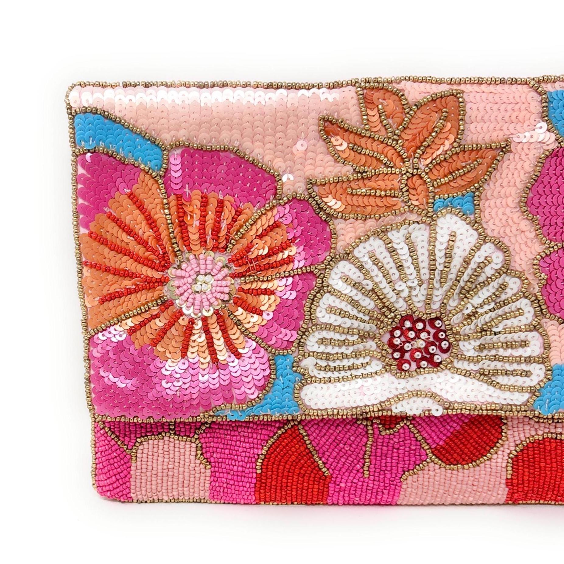 Beaded Floral Clutch Bag with Chain, Colorful Handmade Evening Purse, Statement Wedding Guest Bag, Pink Beaded Crossbody, Resort Style