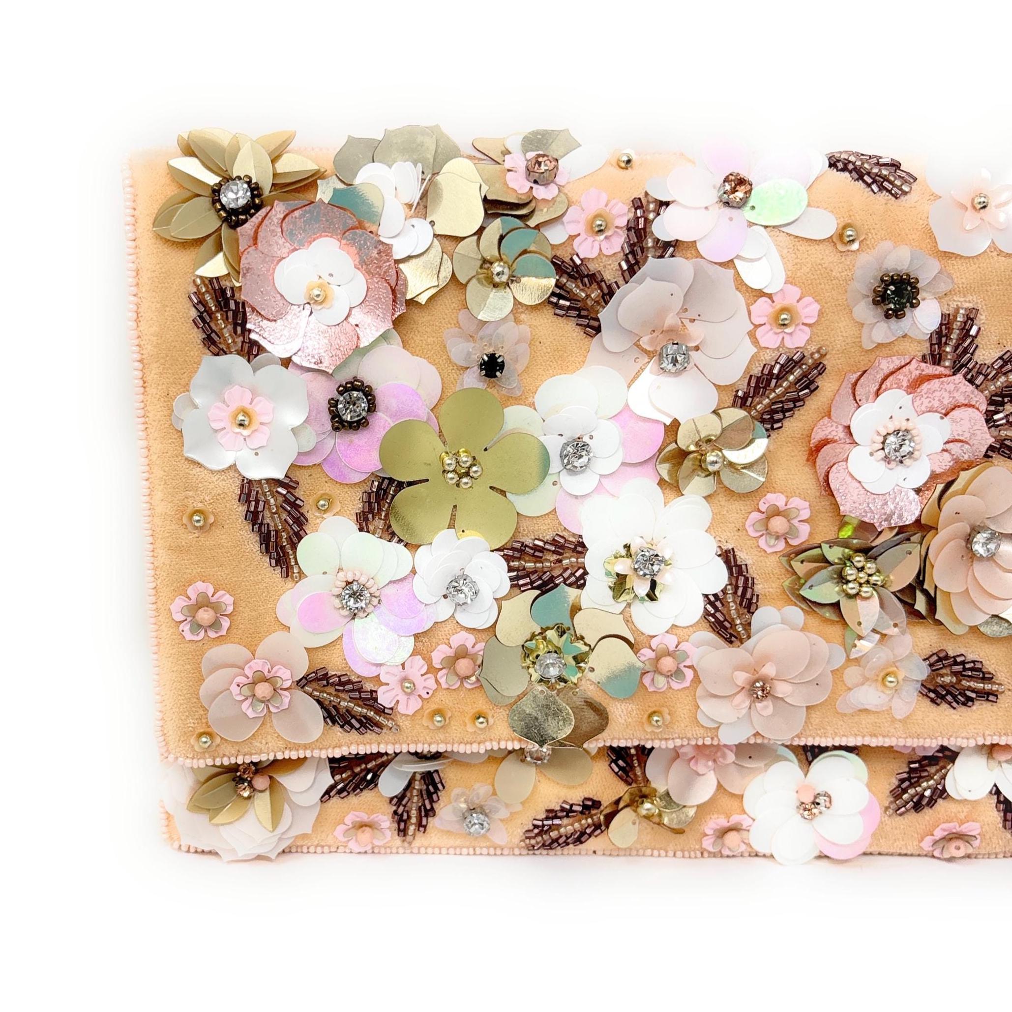 Floral Beaded Clutch, 3D Flower Evening Bag, Bridal Wedding Clutch, Blush Gold Statement Purse, Embellished Formal Bag, Gift for Her