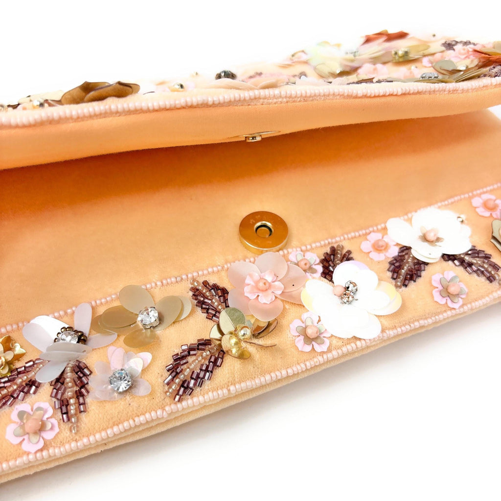 Floral Beaded Clutch, 3D Flower Evening Bag, Bridal Wedding Clutch, Blush Gold Statement Purse, Embellished Formal Bag, Gift for Her