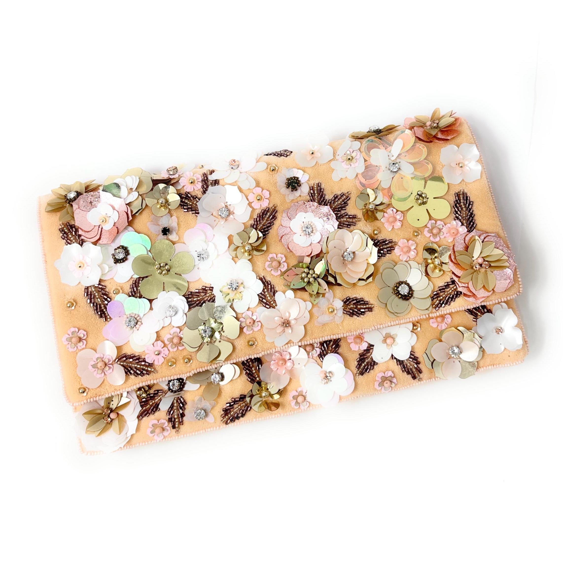 Floral Beaded Clutch, 3D Flower Evening Bag, Bridal Wedding Clutch, Blush Gold Statement Purse, Embellished Formal Bag, Gift for Her