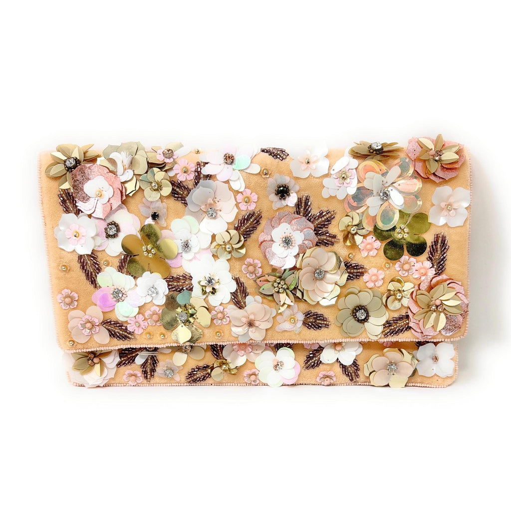 Floral Beaded Clutch, 3D Flower Evening Bag, Bridal Wedding Clutch, Blush Gold Statement Purse, Embellished Formal Bag, Gift for Her