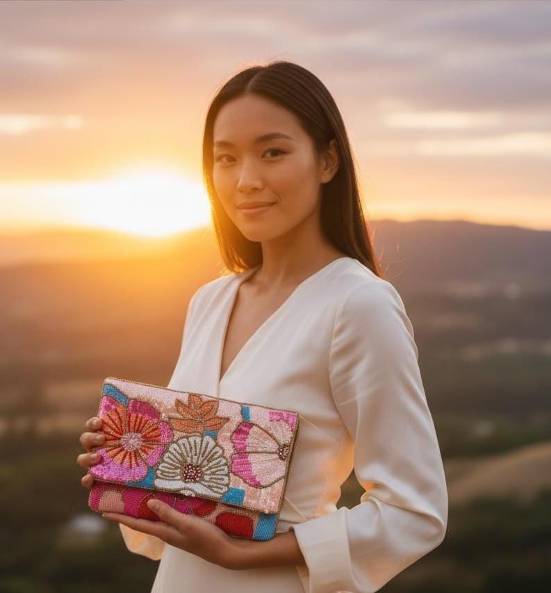 Beaded Floral Clutch Bag with Chain, Colorful Handmade Evening Purse, Statement Wedding Guest Bag, Pink Beaded Crossbody, Resort Style