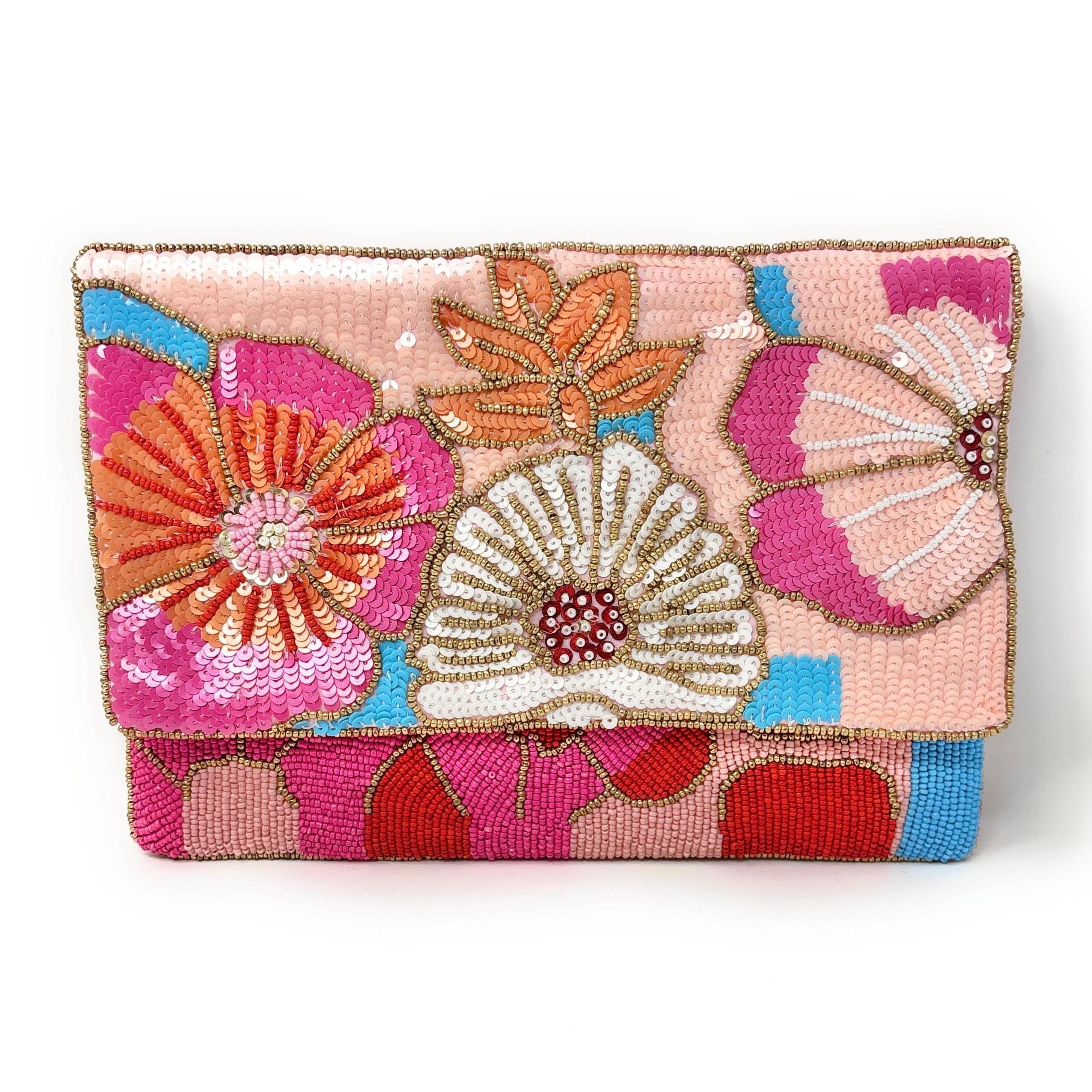 Beaded Floral Clutch Bag with Chain, Colorful Handmade Evening Purse, Statement Wedding Guest Bag, Pink Beaded Crossbody, Resort Style