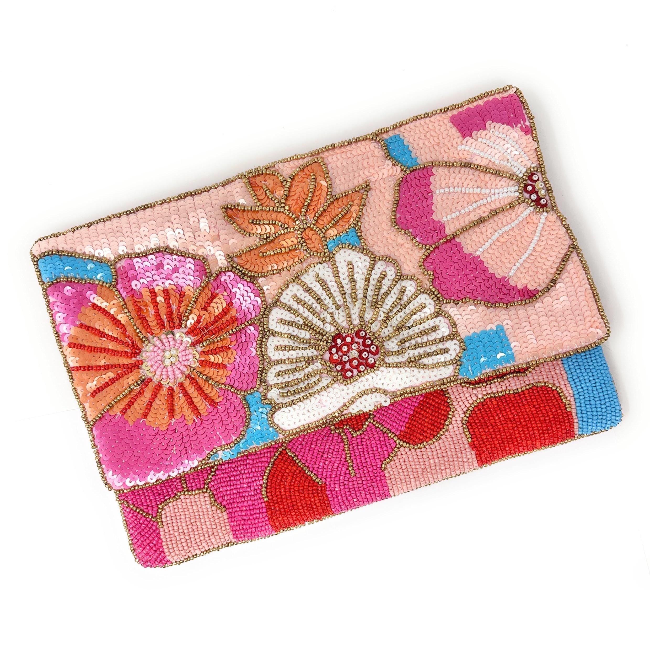 Beaded Floral Clutch Bag with Chain, Colorful Handmade Evening Purse, Statement Wedding Guest Bag, Pink Beaded Crossbody, Resort Style