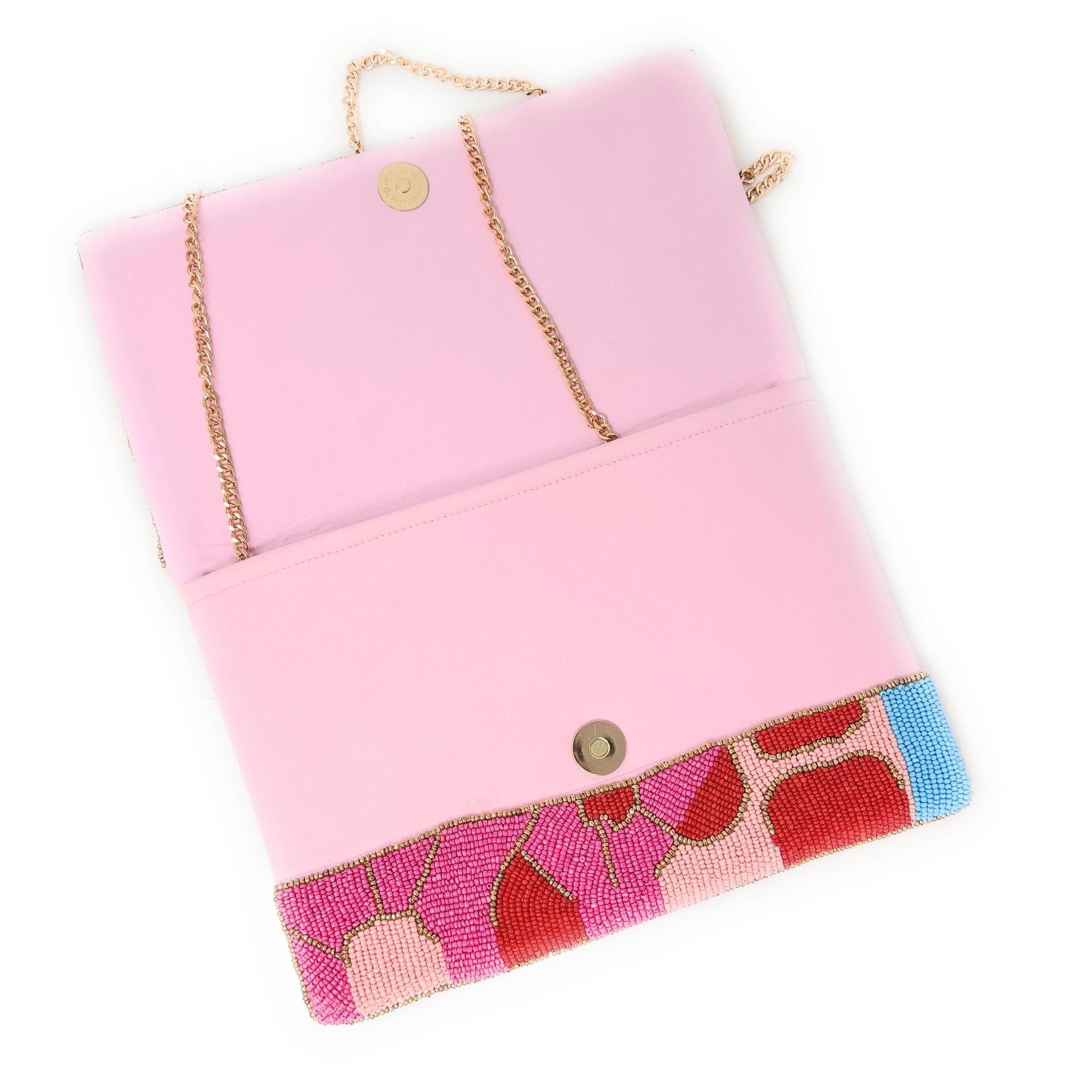 Beaded Floral Clutch Bag with Chain, Colorful Handmade Evening Purse, Statement Wedding Guest Bag, Pink Beaded Crossbody, Resort Style