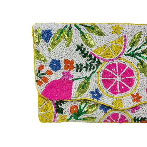 Citrus Beaded Clutch Bag, Handmade Fruit Evening Bag, Colorful Summer Crossbody Purse with Chain, Floral Statement Clutch Gift for Her