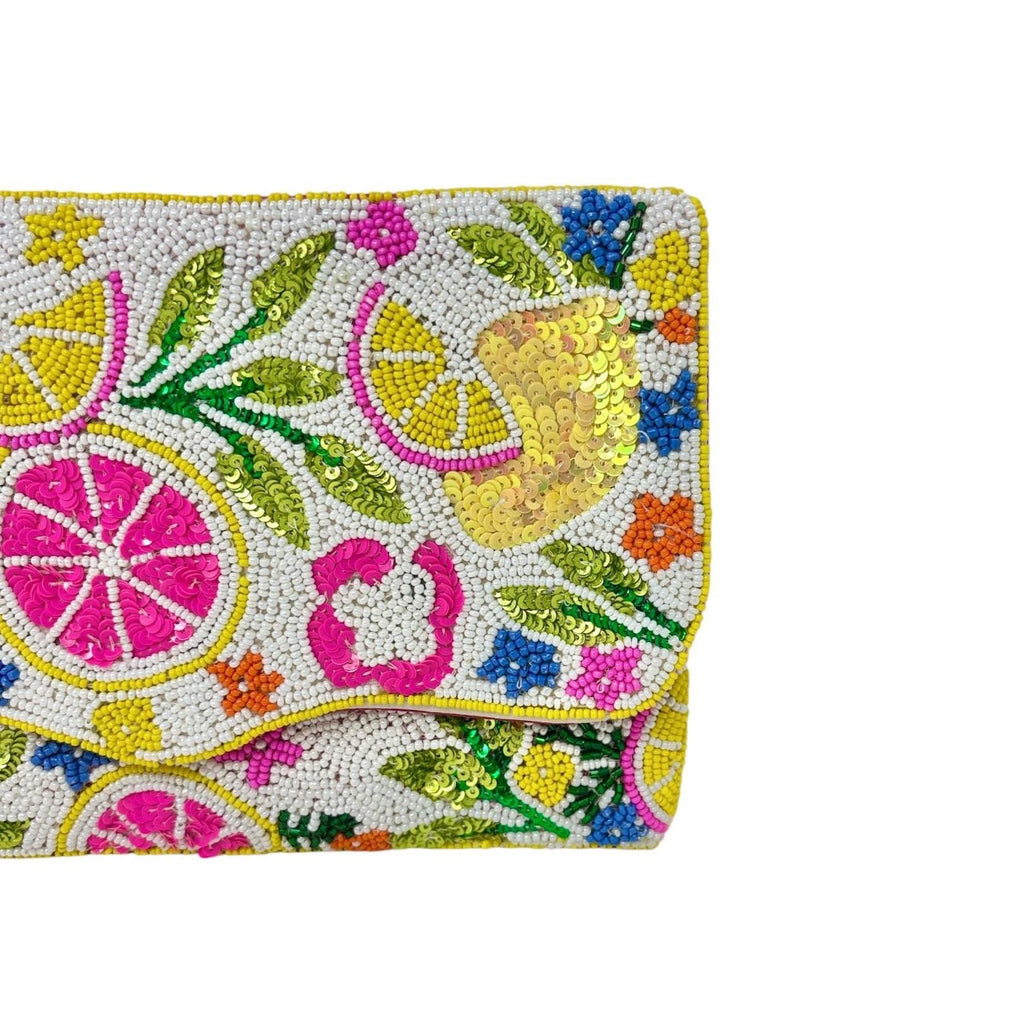 Citrus Beaded Clutch Bag, Handmade Fruit Evening Bag, Colorful Summer Crossbody Purse with Chain, Floral Statement Clutch Gift for Her