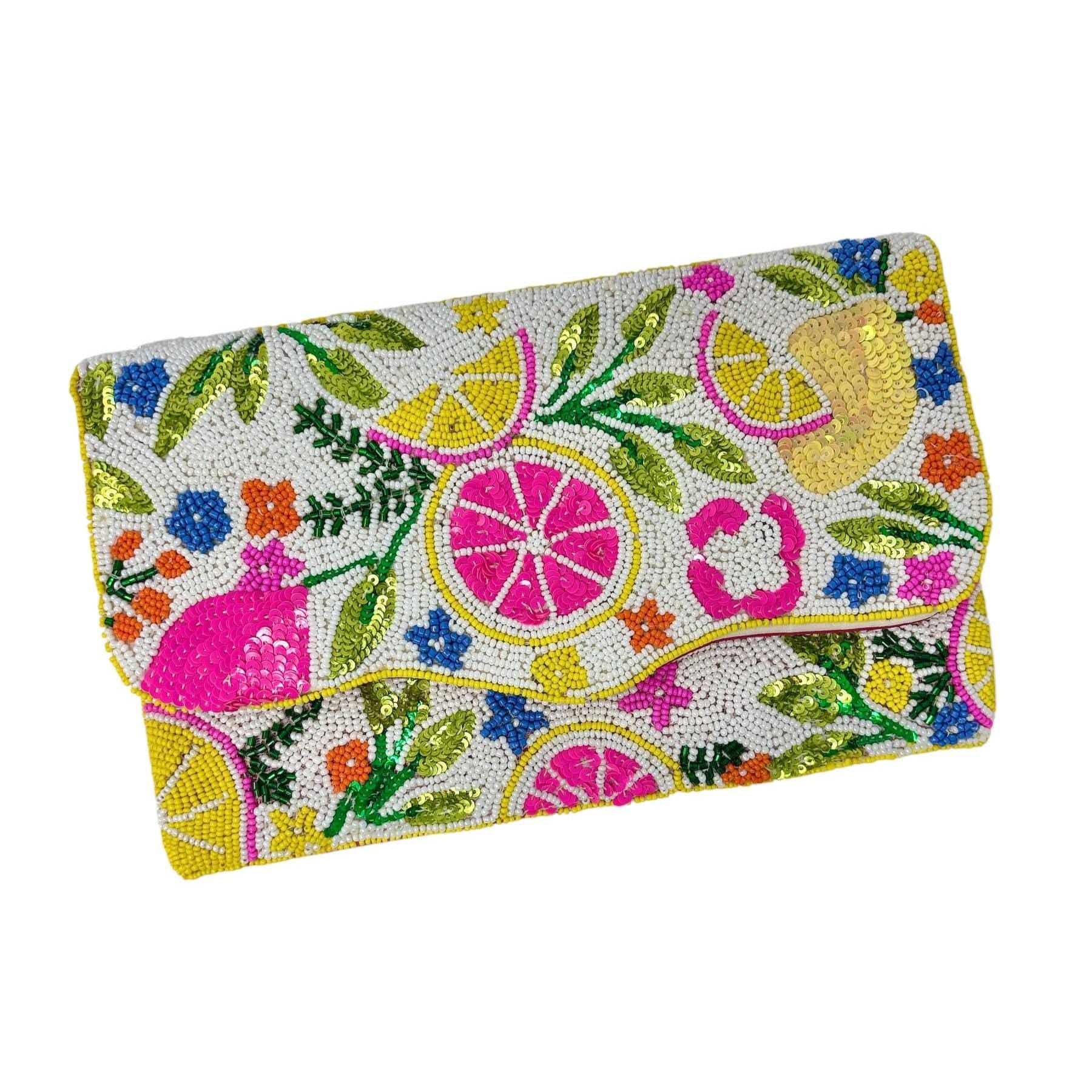 Citrus Beaded Clutch Bag, Handmade Fruit Evening Bag, Colorful Summer Crossbody Purse with Chain, Floral Statement Clutch Gift for Her