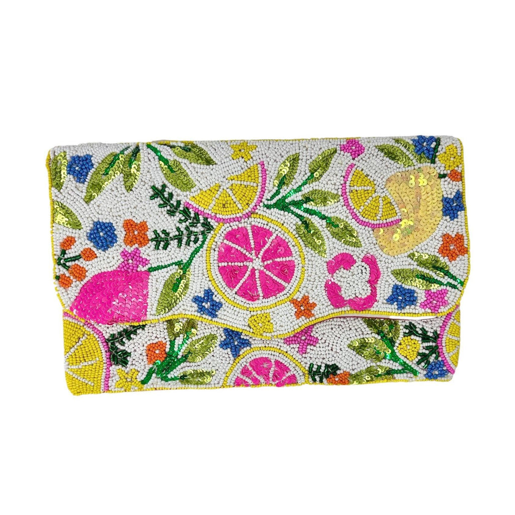 Citrus Beaded Clutch Bag, Handmade Fruit Evening Bag, Colorful Summer Crossbody Purse with Chain, Floral Statement Clutch Gift for Her
