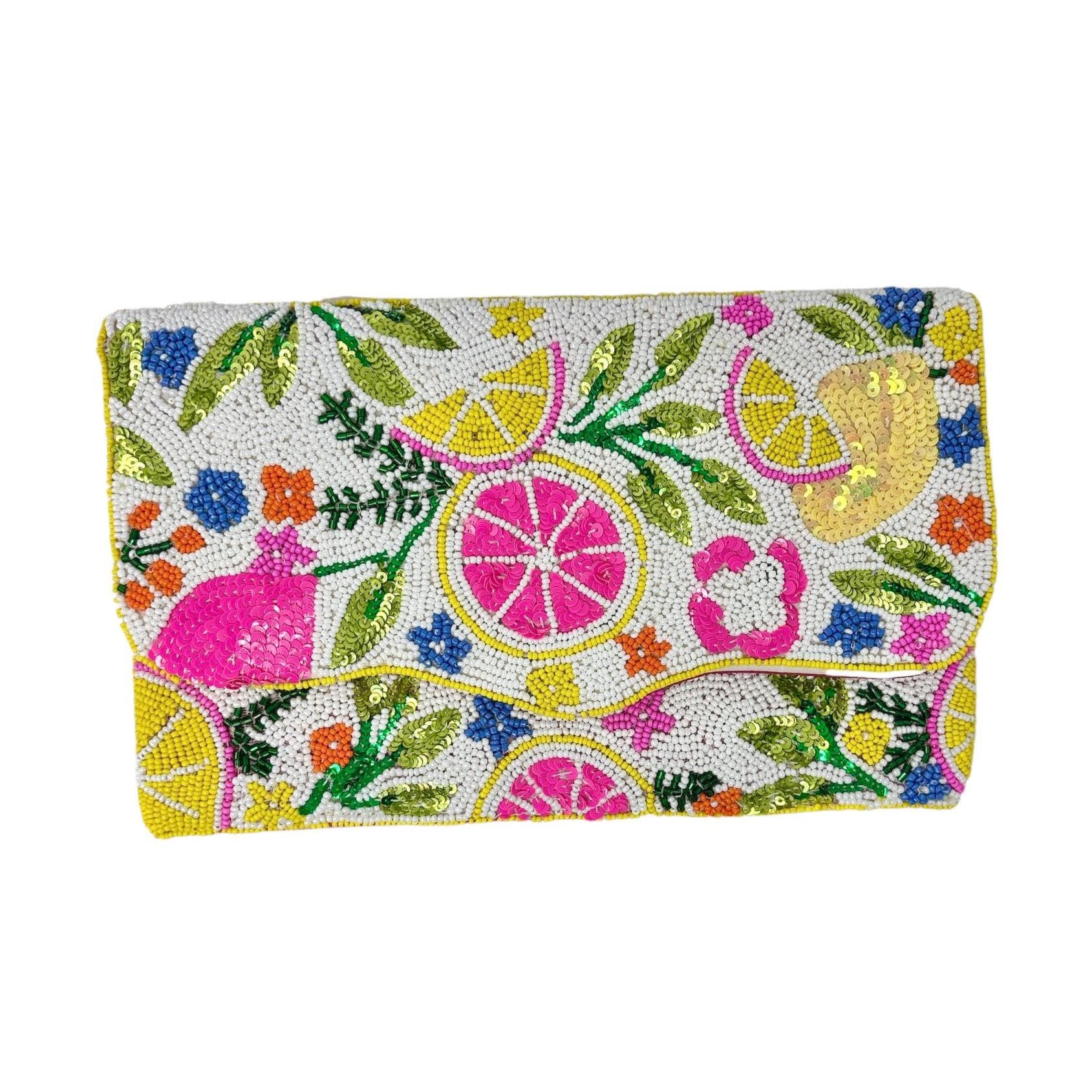Citrus Beaded Clutch Bag, Handmade Fruit Evening Bag, Colorful Summer Crossbody Purse with Chain, Floral Statement Clutch Gift for Her