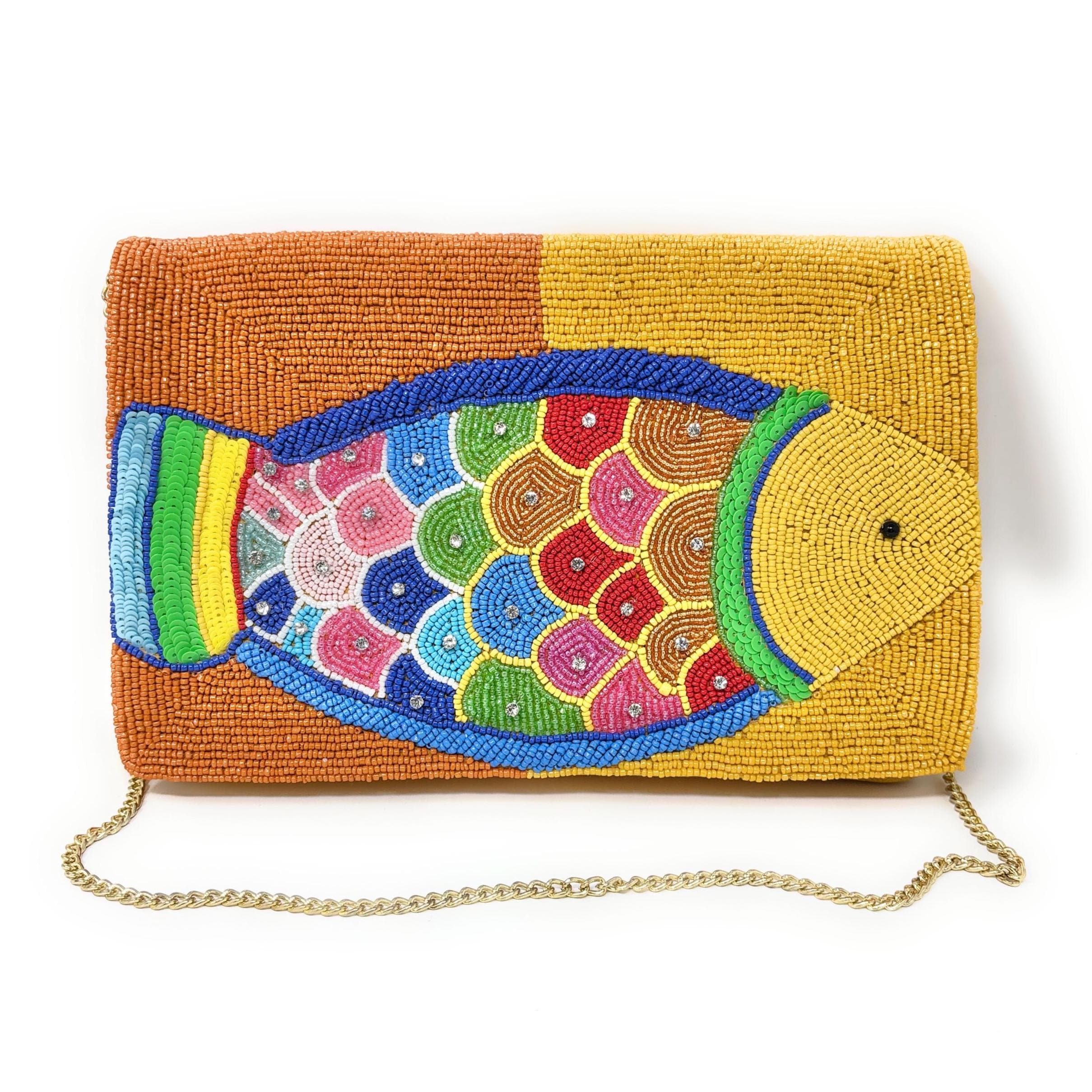 Colorful Fish Beaded Clutch, Handmade Statement Purse with Chain Strap, Tropical Beaded Bag, Summer Vacation Clutch, Unique Gift for Her