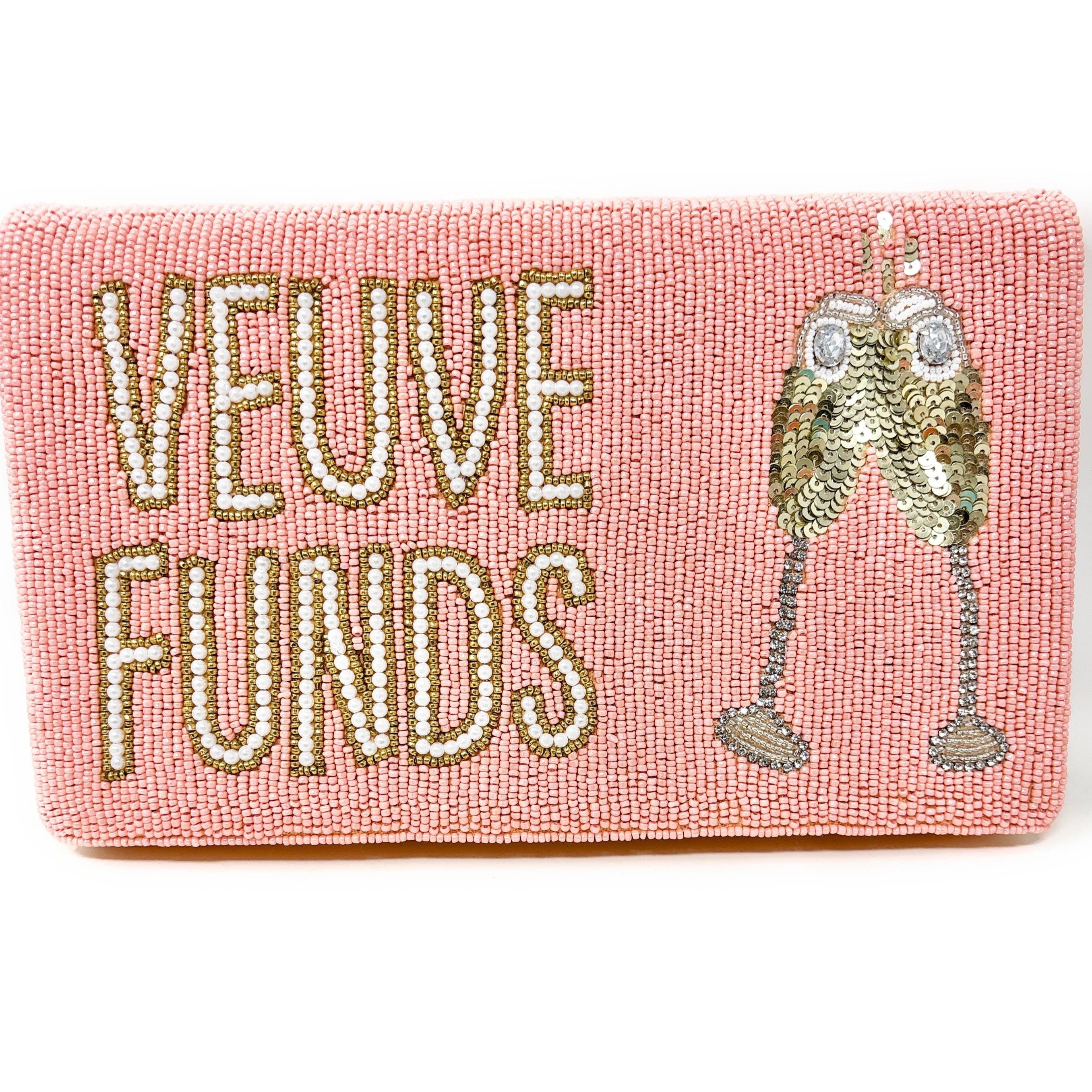 Veuve Funds Beaded Clutch, Champagne Theme Purse, Bachelorette Party Bag, Pink Statement Evening Bag with Chain Strap