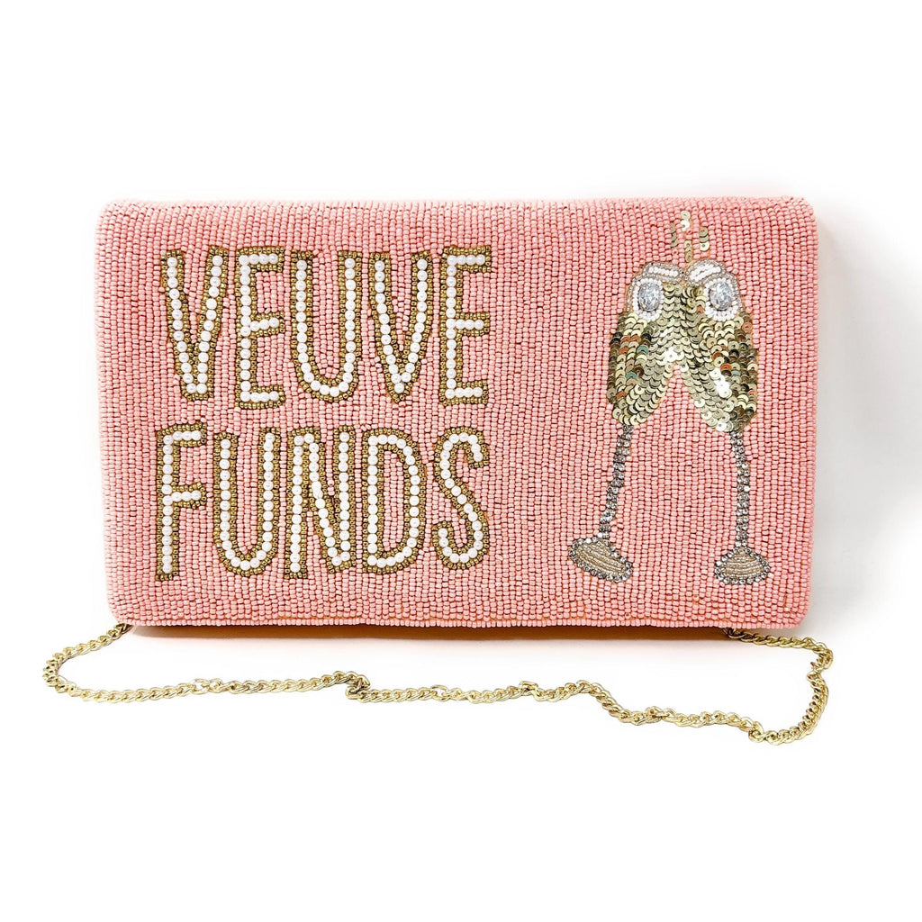 Veuve Funds Beaded Clutch, Champagne Theme Purse, Bachelorette Party Bag, Pink Statement Evening Bag with Chain Strap