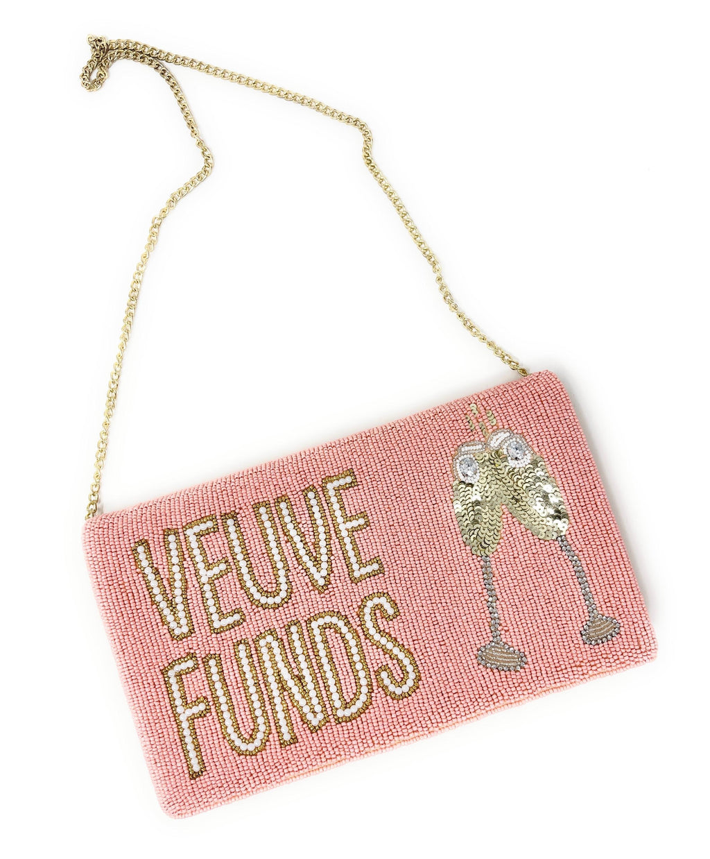 Veuve Funds Beaded Clutch, Champagne Theme Purse, Bachelorette Party Bag, Pink Statement Evening Bag with Chain Strap