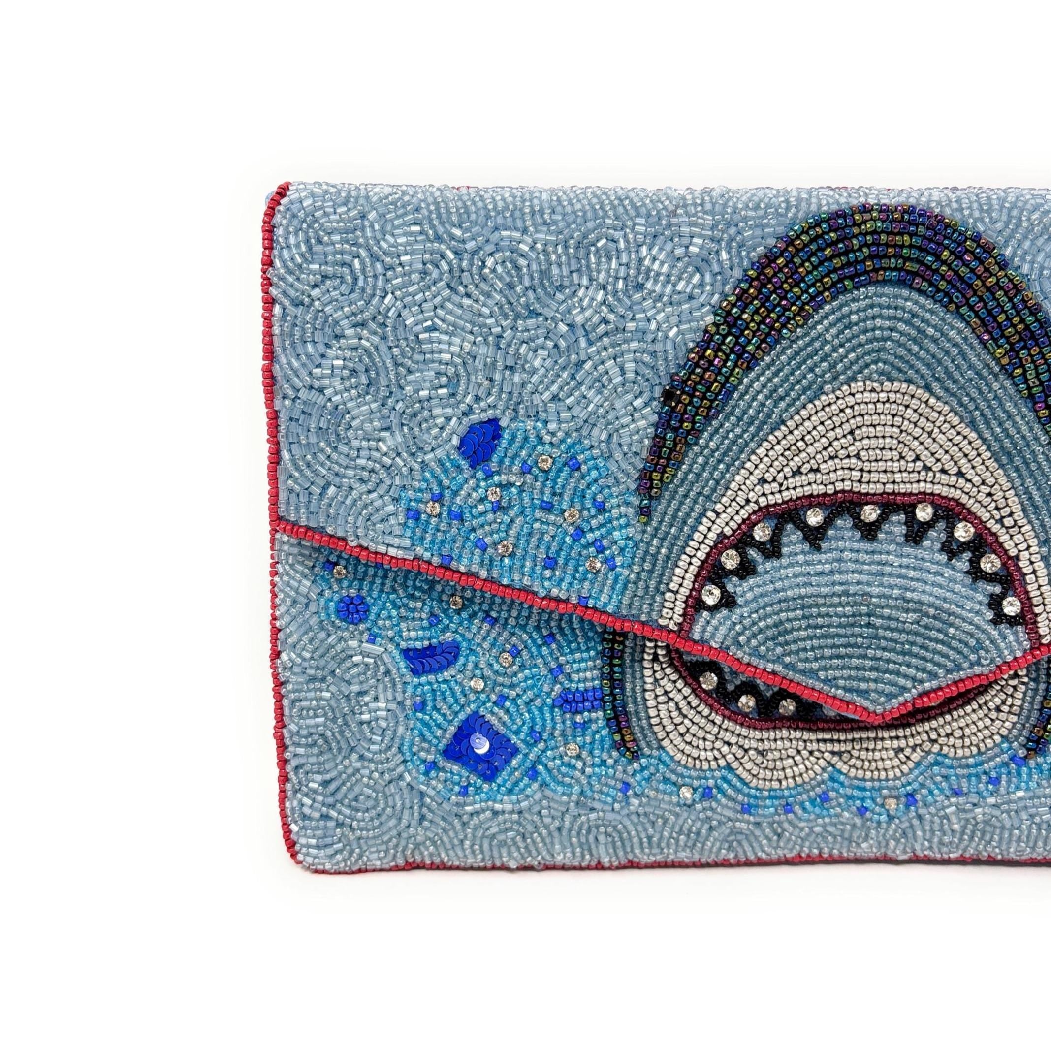 Shark Beaded Clutch Bag, Ocean Theme Statement Purse, Handmade Evening Bag with Detachable Chain Strap, Beach Vacation Handbag