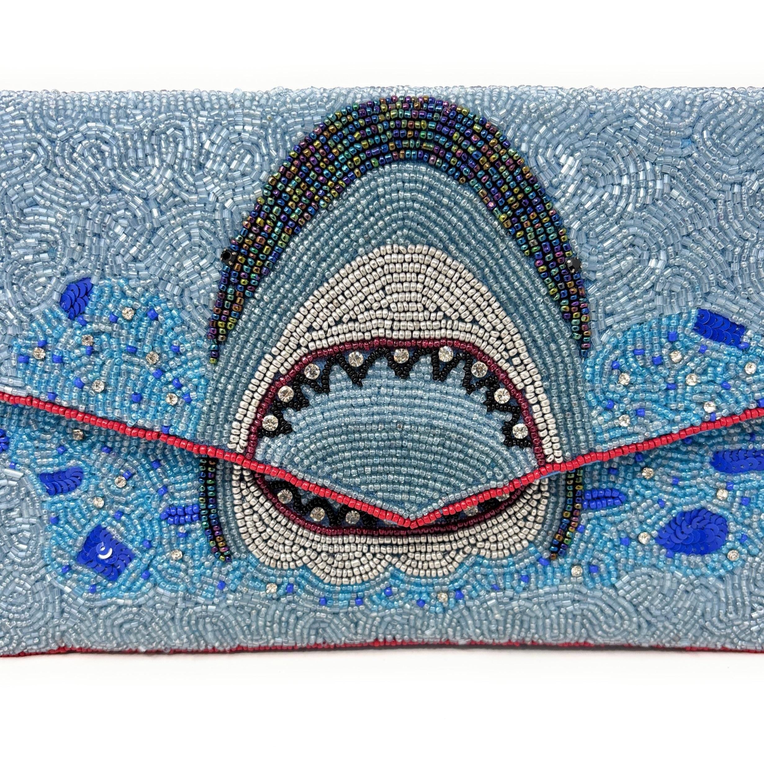 Shark Beaded Clutch Bag, Ocean Theme Statement Purse, Handmade Evening Bag with Detachable Chain Strap, Beach Vacation Handbag