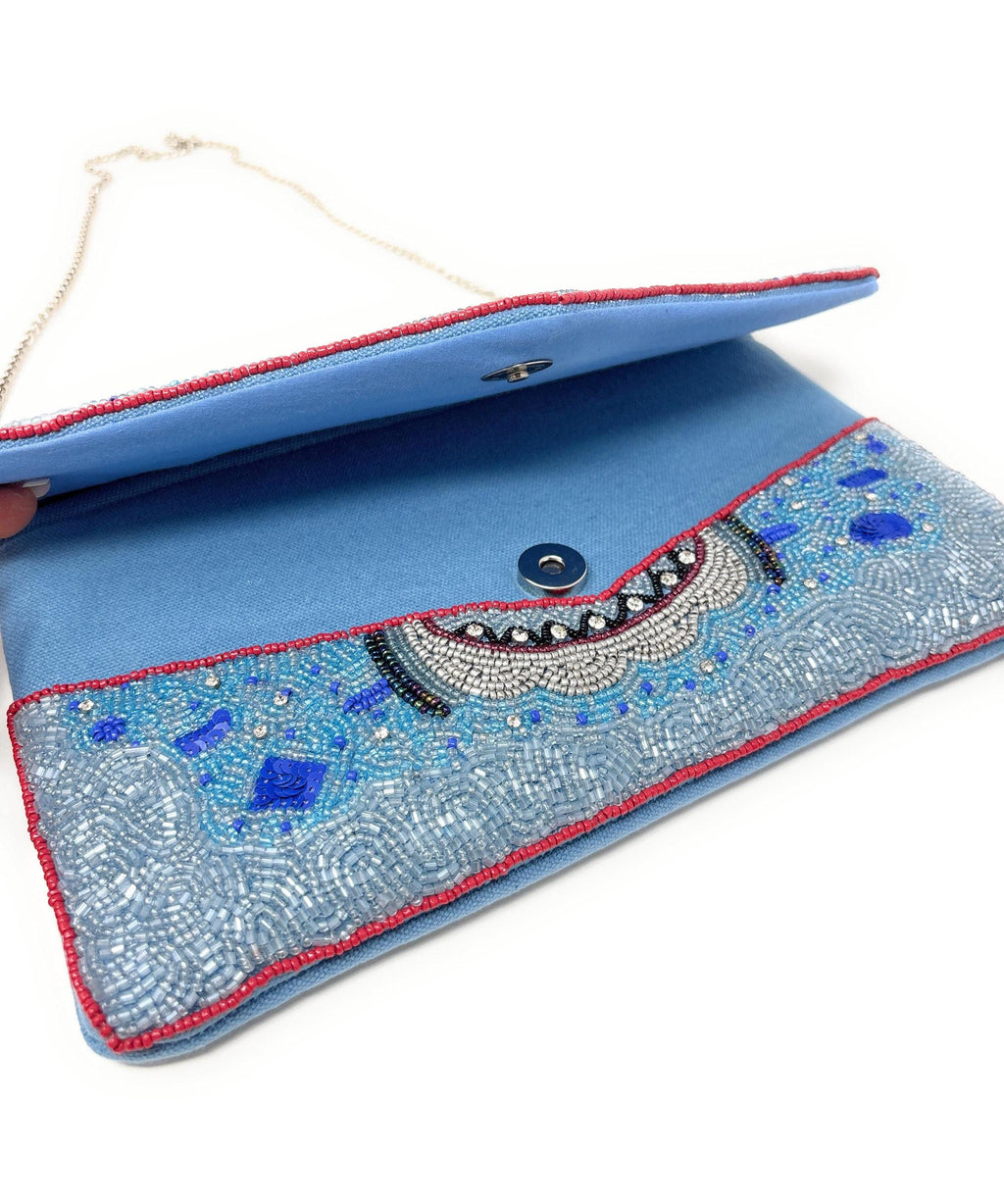 Shark Beaded Clutch Bag, Ocean Theme Statement Purse, Handmade Evening Bag with Detachable Chain Strap, Beach Vacation Handbag