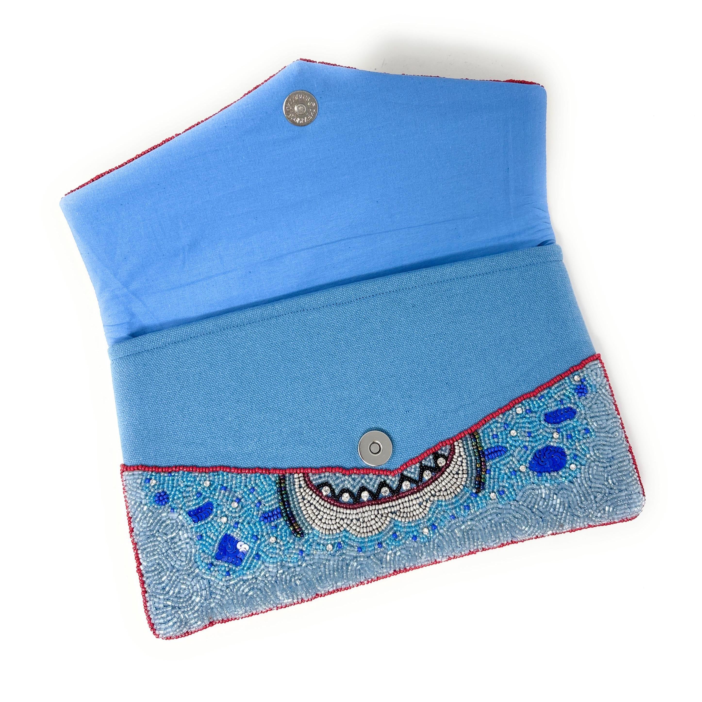 Shark Beaded Clutch Bag, Ocean Theme Statement Purse, Handmade Evening Bag with Detachable Chain Strap, Beach Vacation Handbag