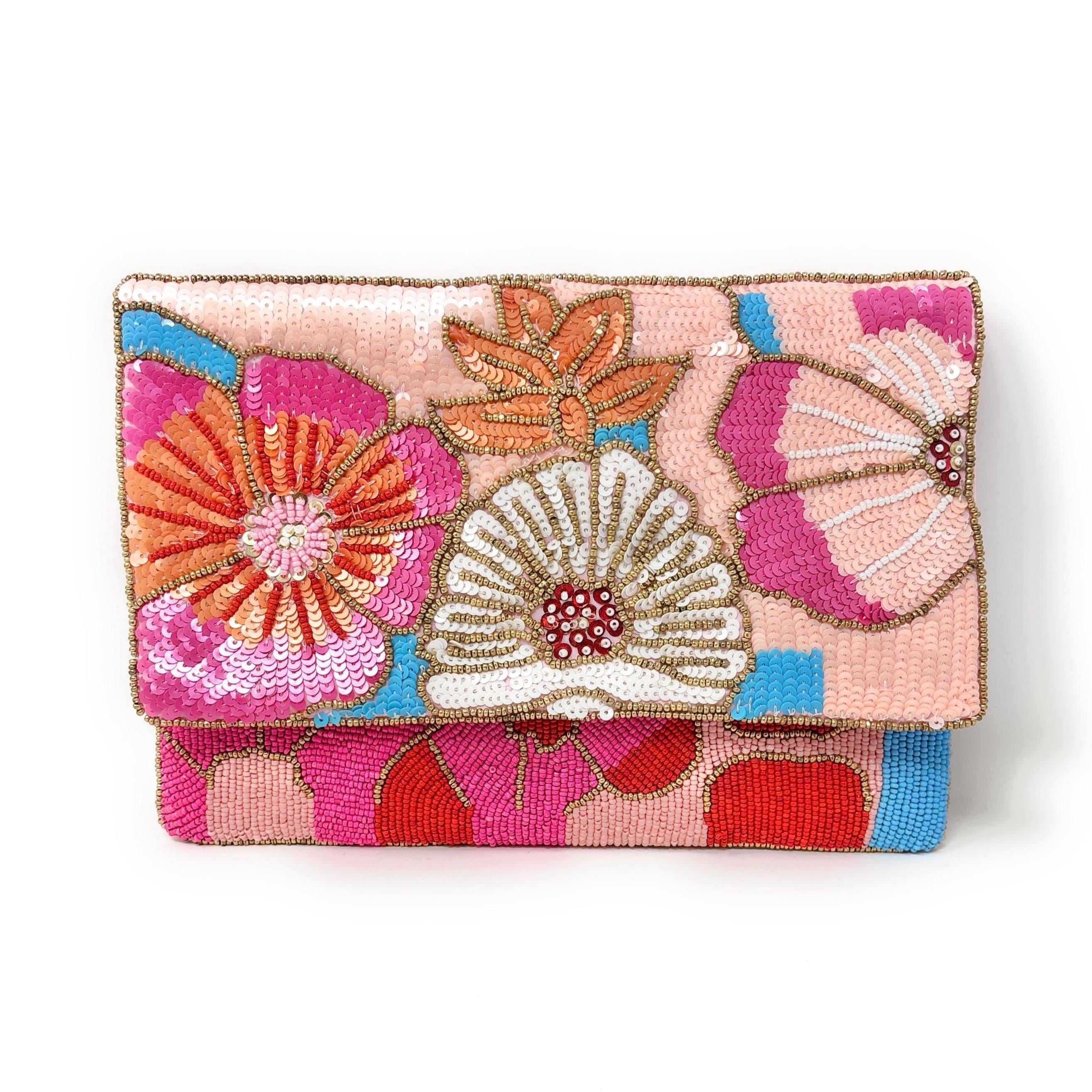Beaded Floral Clutch Bag with Chain, Colorful Handmade Evening Purse, Statement Wedding Guest Bag, Pink Beaded Crossbody, Resort Style