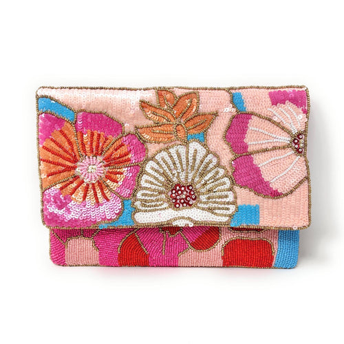Beaded Floral Clutch Bag with Chain, Colorful Handmade Evening Purse, Statement Wedding Guest Bag, Pink Beaded Crossbody, Resort Style