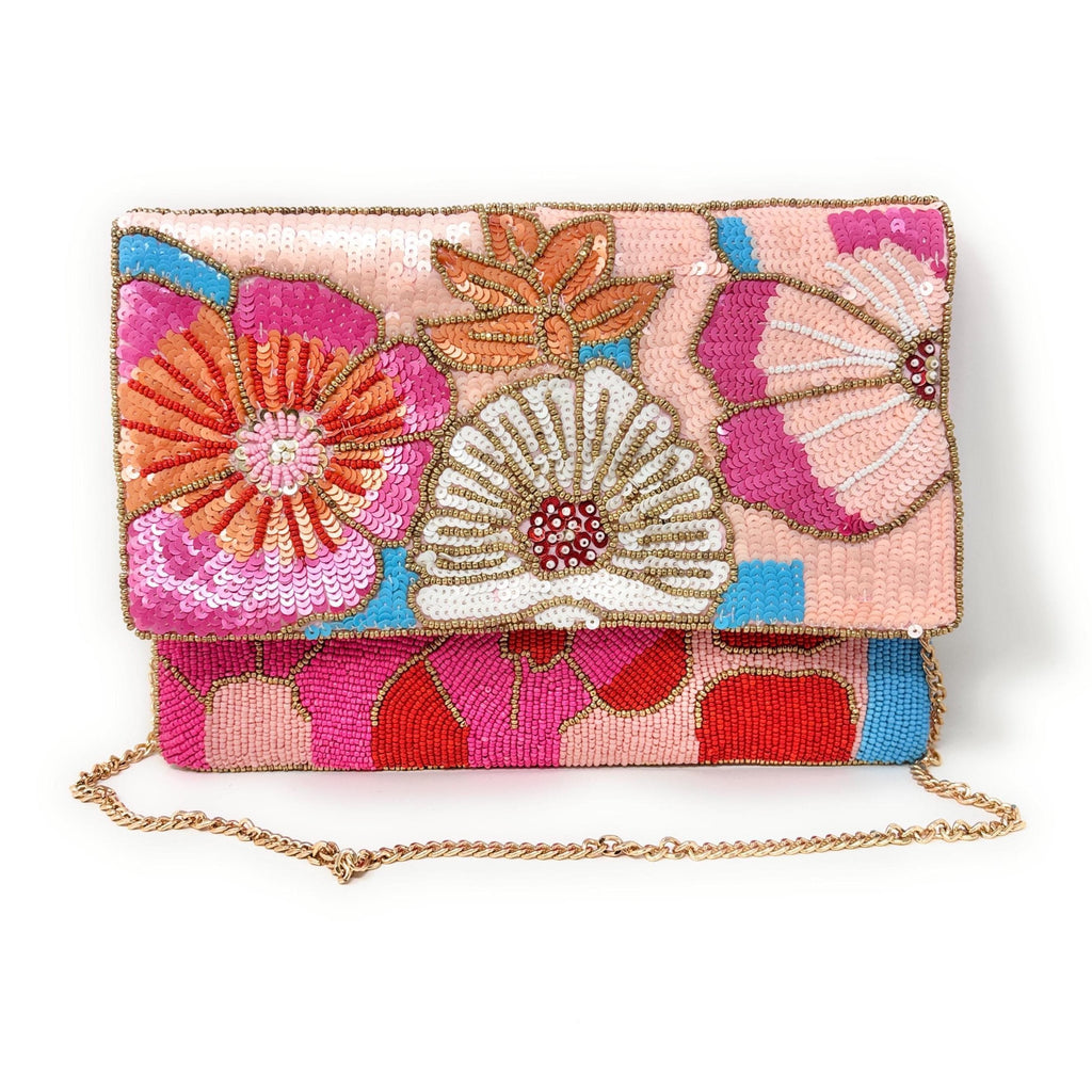 Beaded Floral Clutch Bag with Chain, Colorful Handmade Evening Purse, Statement Wedding Guest Bag, Pink Beaded Crossbody, Resort Style