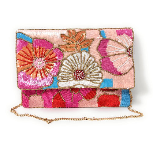 Beaded Floral Clutch Bag with Chain, Colorful Handmade Evening Purse, Statement Wedding Guest Bag, Pink Beaded Crossbody, Resort Style