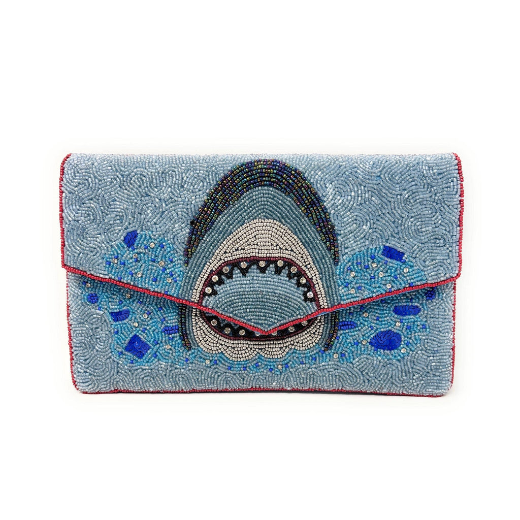 Shark Beaded Clutch Bag, Ocean Theme Statement Purse, Handmade Evening Bag with Detachable Chain Strap, Beach Vacation Handbag
