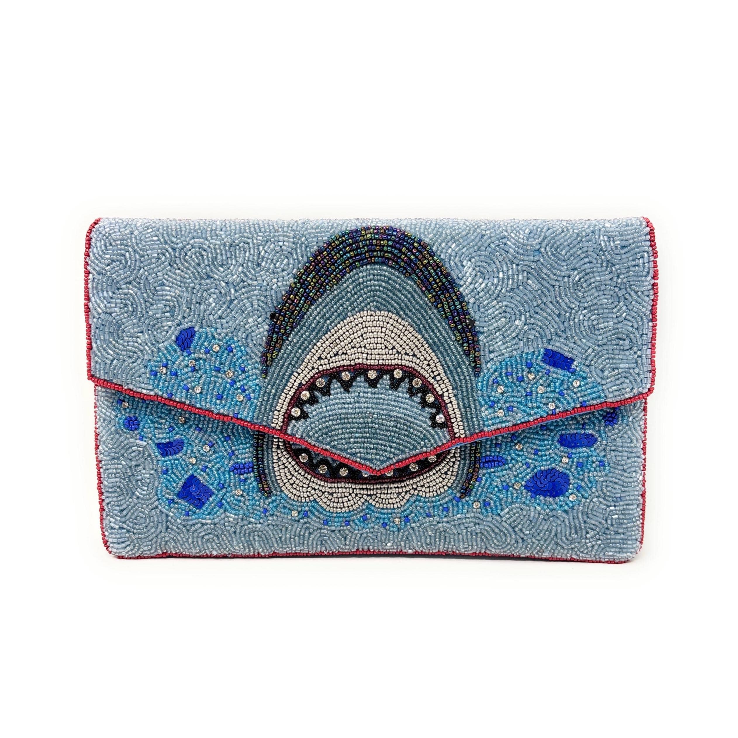 Shark Beaded Clutch Bag, Ocean Theme Statement Purse, Handmade Evening Bag with Detachable Chain Strap, Beach Vacation Handbag