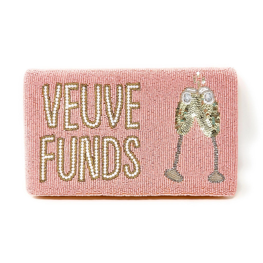 Veuve Funds Beaded Clutch, Champagne Theme Purse, Bachelorette Party Bag, Pink Statement Evening Bag with Chain Strap