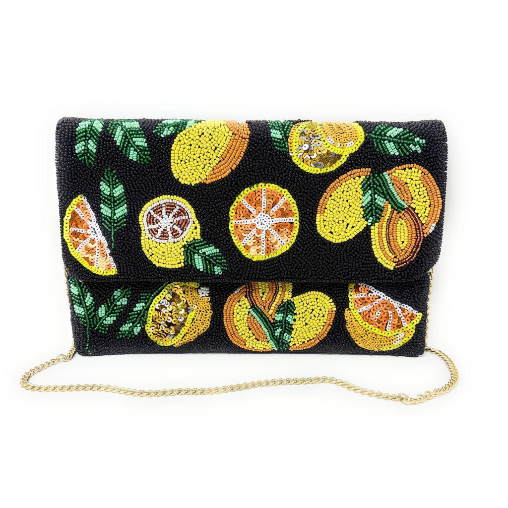 Twine and Love Citrus Beaded Clutch Purse with Removable Chain | Handmade Fruit Evening Bag | Colorful Statement Clutch | Vacation Bag