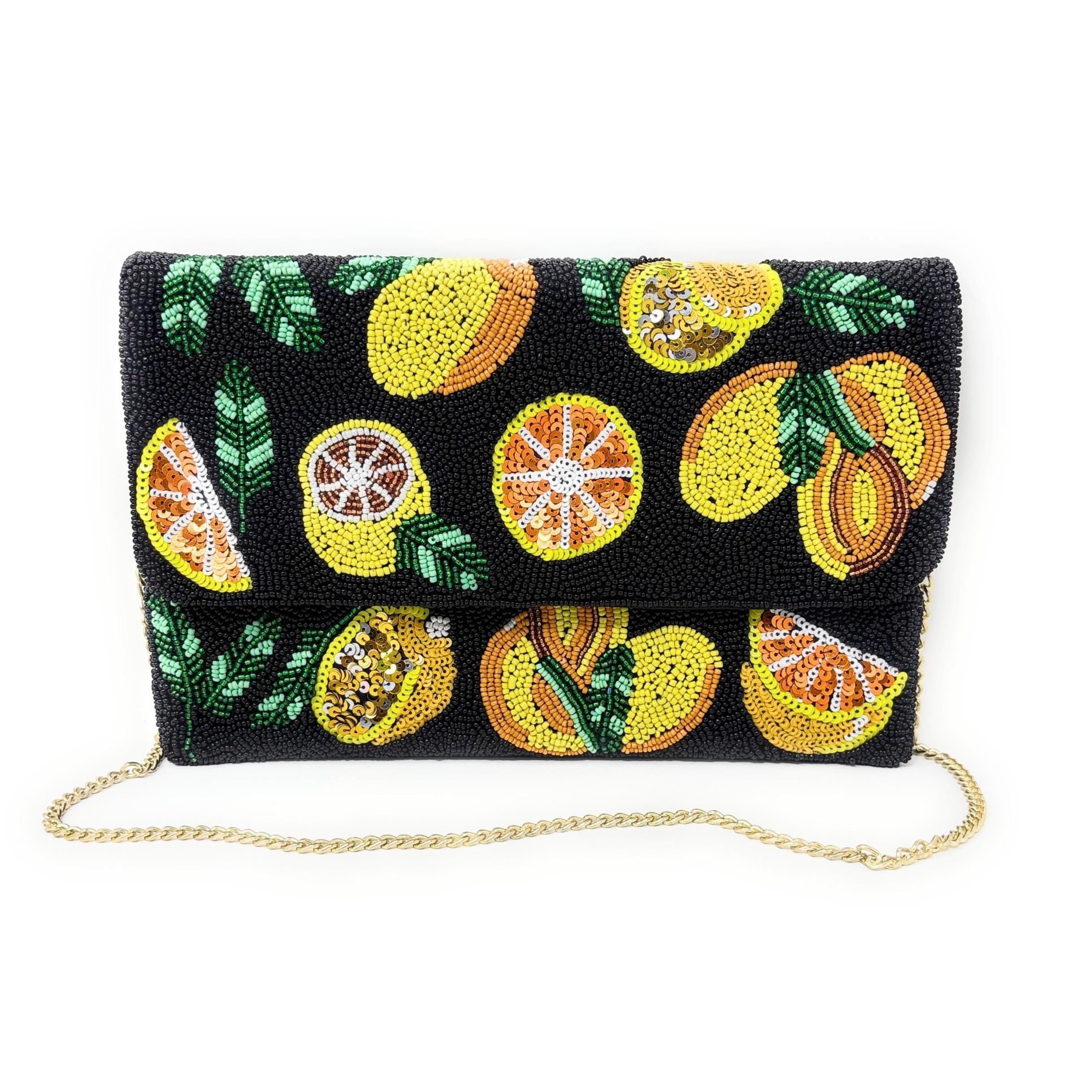 Twine and Love Citrus Beaded Clutch Purse with Removable Chain | Handmade Fruit Evening Bag | Colorful Statement Clutch | Vacation Bag