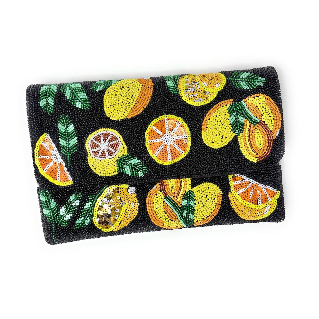 Twine and Love Citrus Beaded Clutch Purse with Removable Chain | Handmade Fruit Evening Bag | Colorful Statement Clutch | Vacation Bag