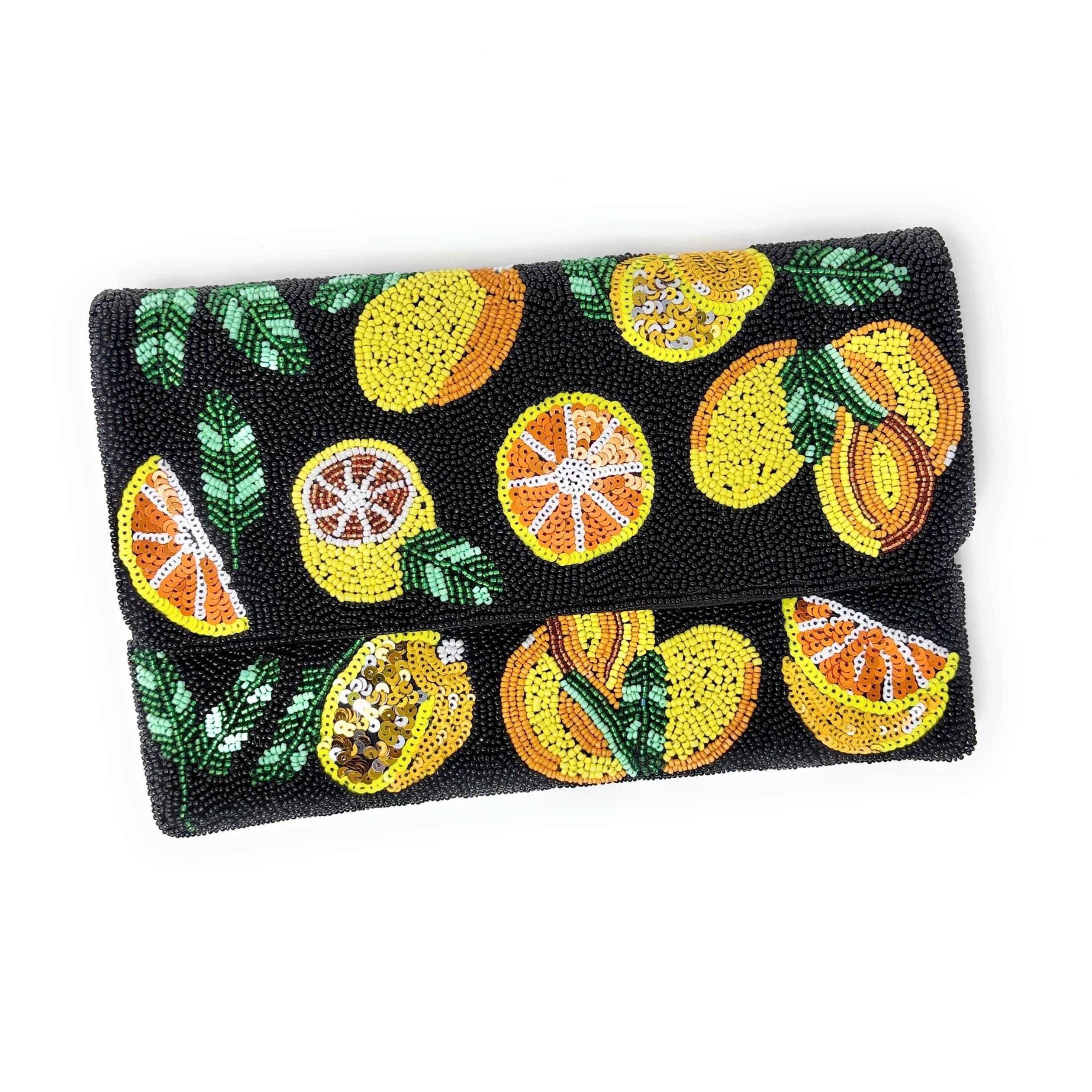 Twine and Love Citrus Beaded Clutch Purse with Removable Chain | Handmade Fruit Evening Bag | Colorful Statement Clutch | Vacation Bag