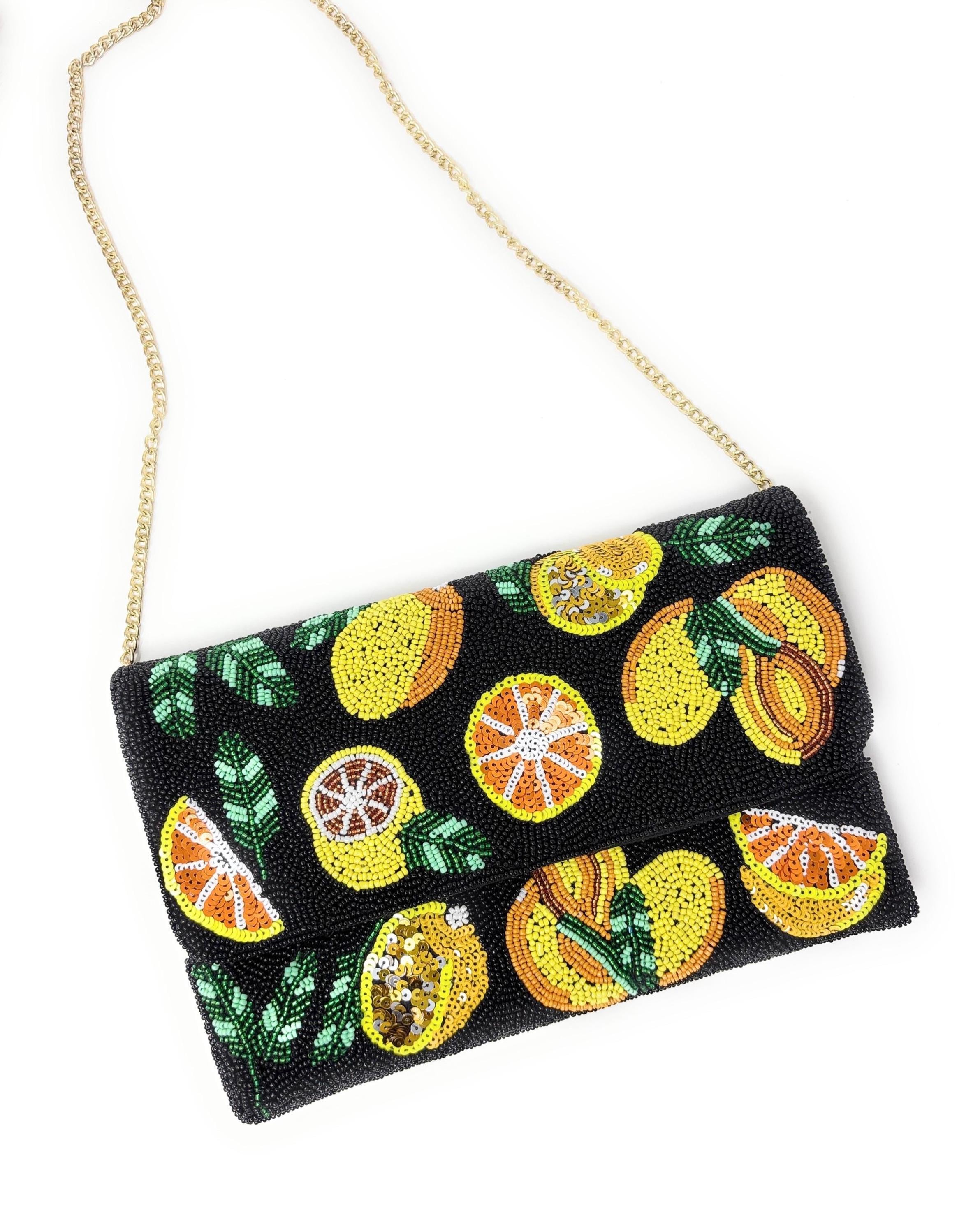Twine and Love Citrus Beaded Clutch Purse with Removable Chain | Handmade Fruit Evening Bag | Colorful Statement Clutch | Vacation Bag