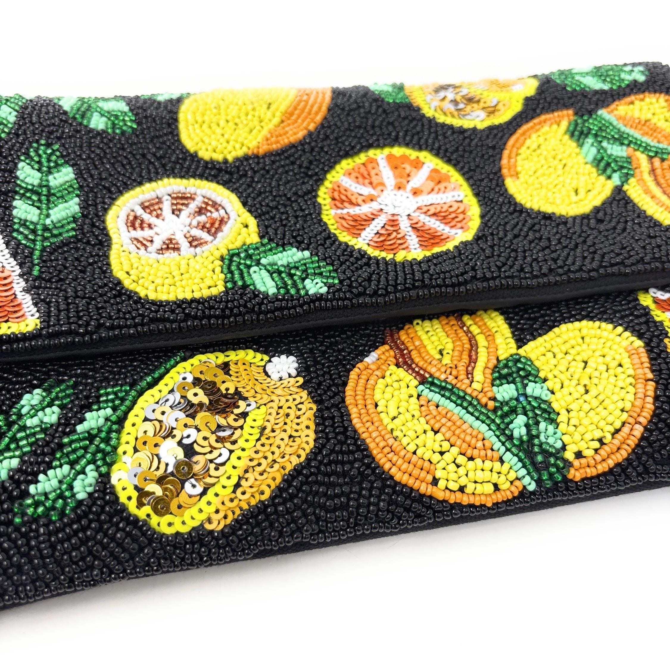 Twine and Love Citrus Beaded Clutch Purse with Removable Chain | Handmade Fruit Evening Bag | Colorful Statement Clutch | Vacation Bag