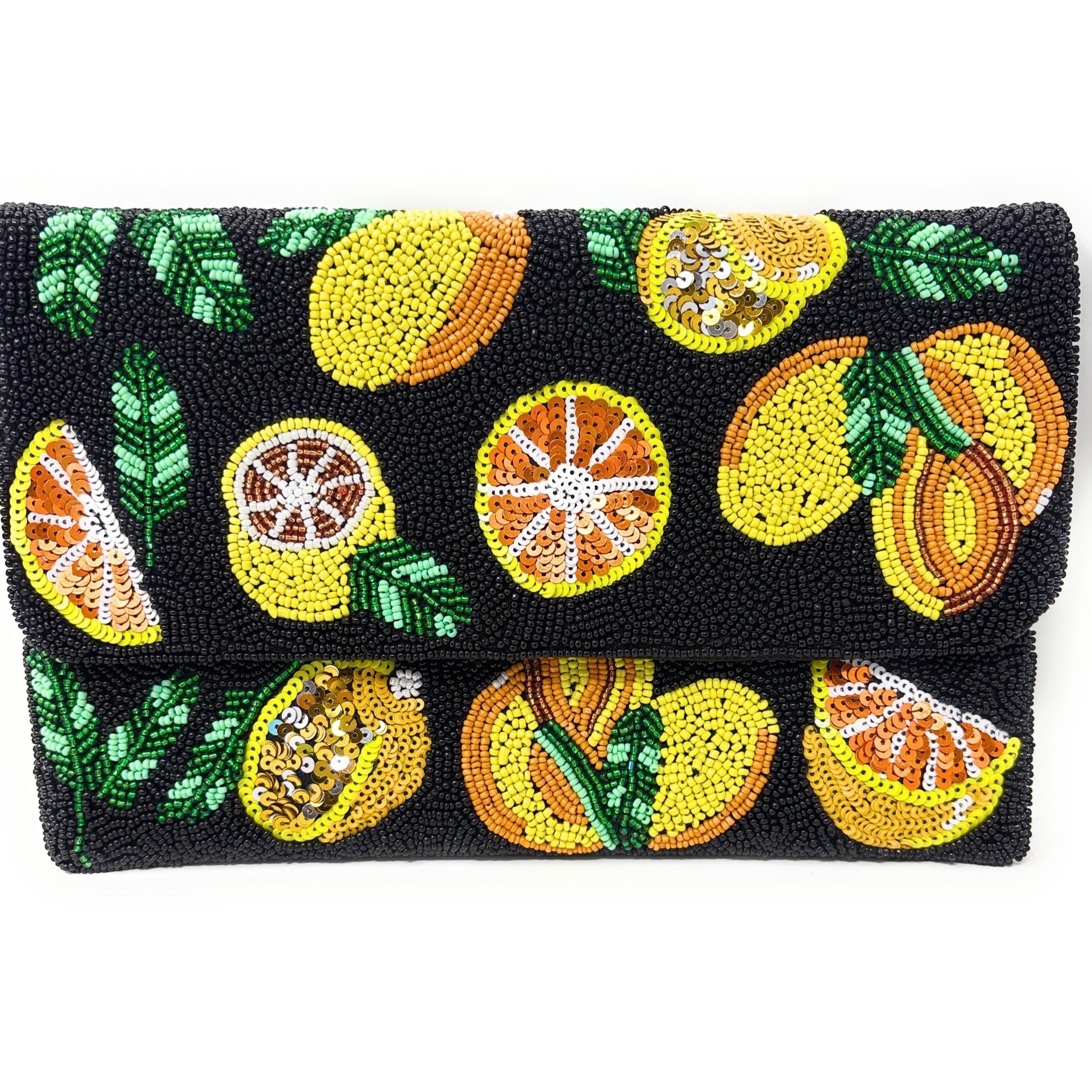 Twine and Love Citrus Beaded Clutch Purse with Removable Chain | Handmade Fruit Evening Bag | Colorful Statement Clutch | Vacation Bag