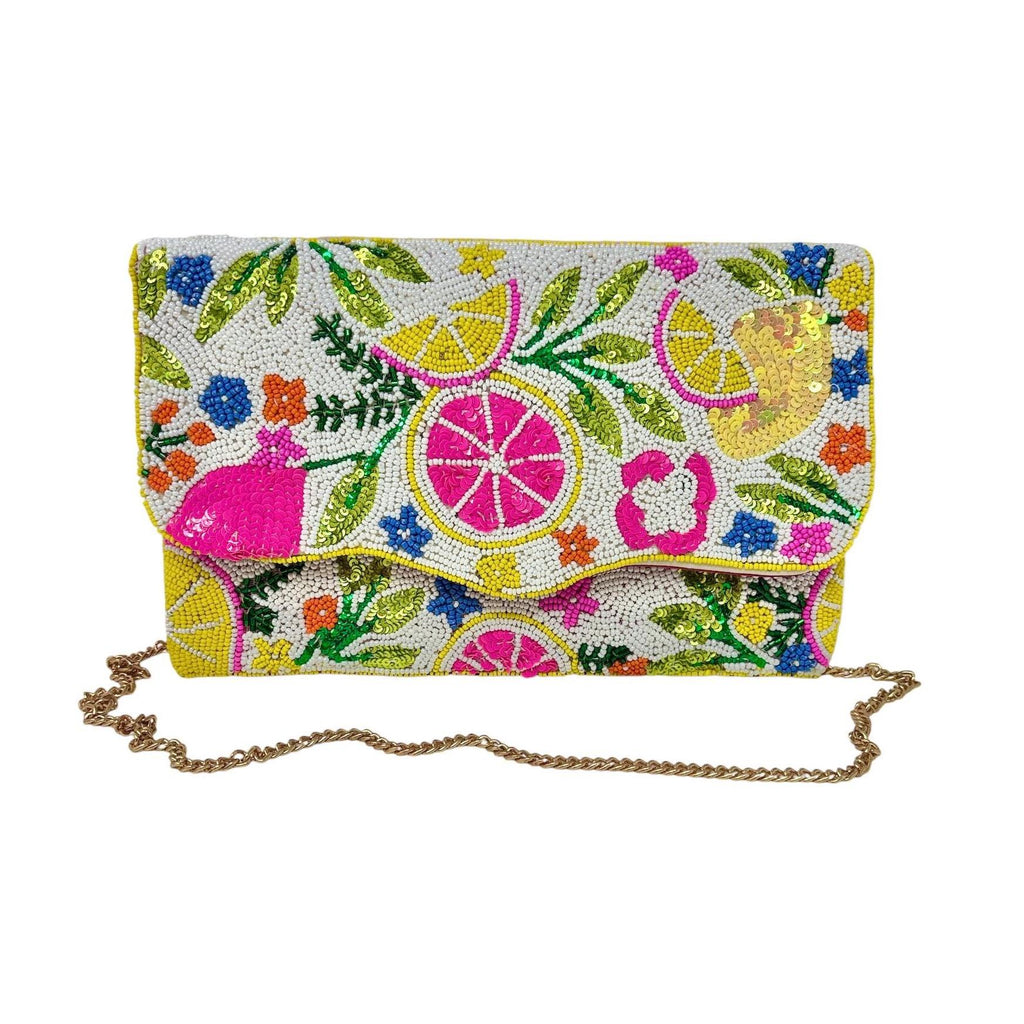 Citrus Beaded Clutch Bag, Handmade Fruit Evening Bag, Colorful Summer Crossbody Purse with Chain, Floral Statement Clutch Gift for Her