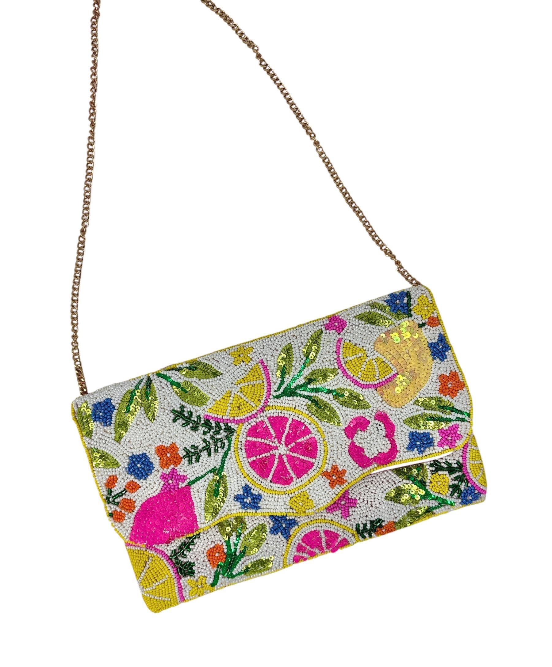 Citrus Beaded Clutch Bag, Handmade Fruit Evening Bag, Colorful Summer Crossbody Purse with Chain, Floral Statement Clutch Gift for Her