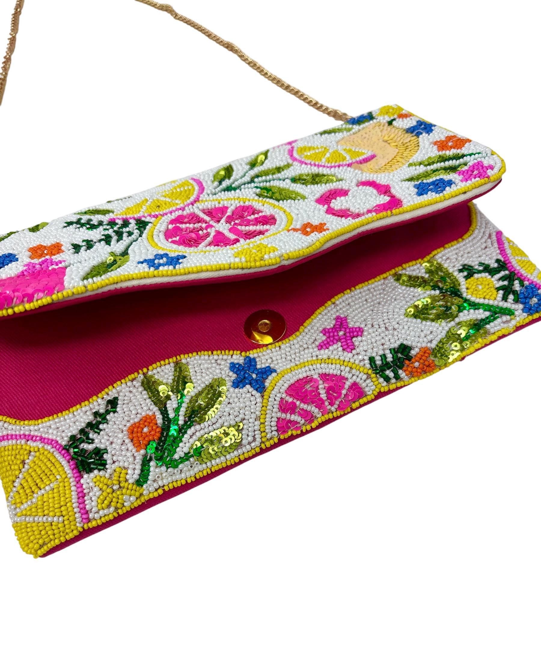 Citrus Beaded Clutch Bag, Handmade Fruit Evening Bag, Colorful Summer Crossbody Purse with Chain, Floral Statement Clutch Gift for Her